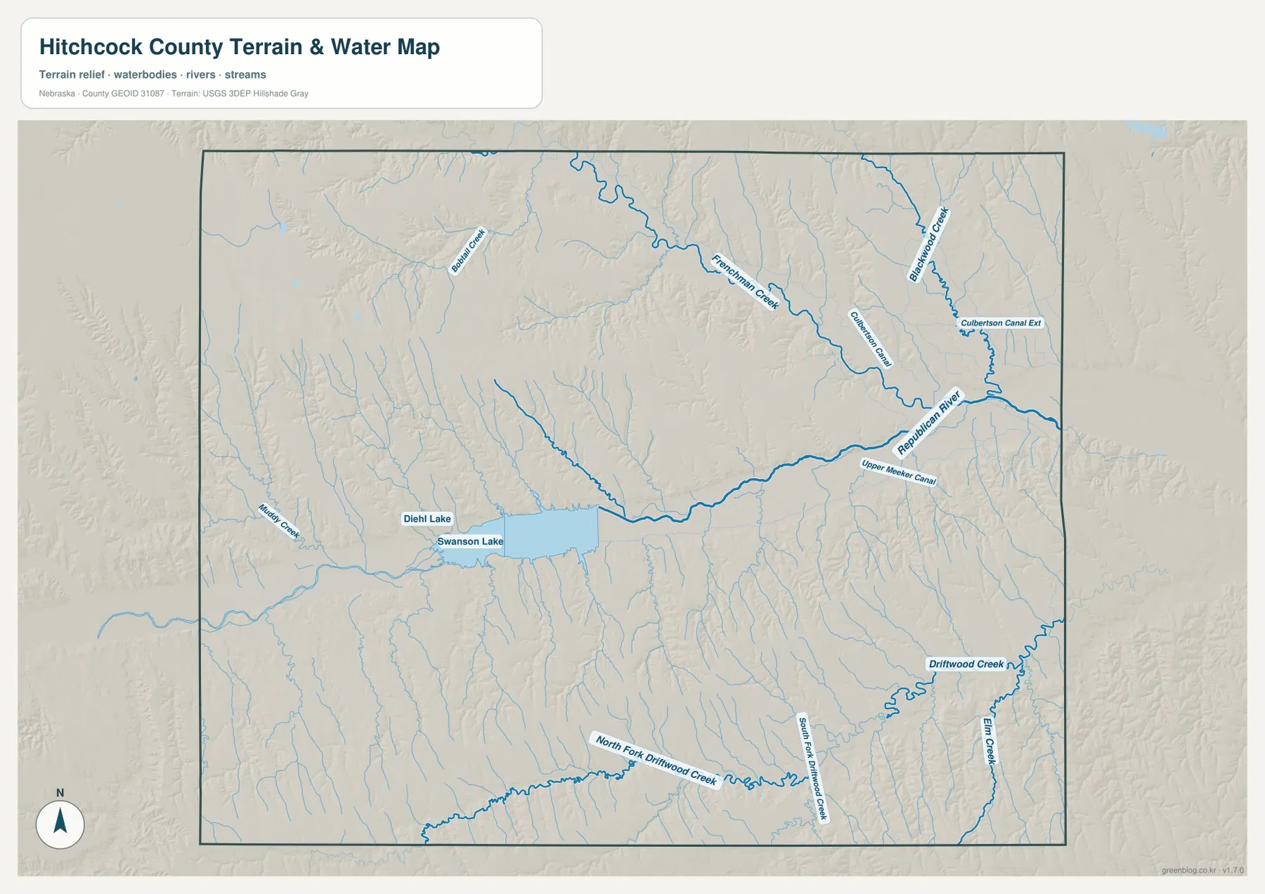 Hitchcock County terrain and water map showing the Republican River, Swanson Lake, Frenchman Creek, Blackwood Creek, Driftwood Creek, Elm Creek, and canals