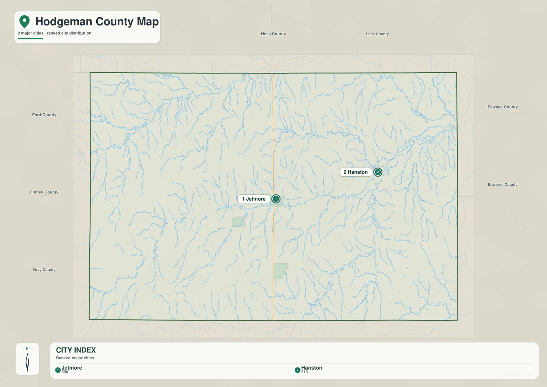 Hodgeman County city map showing Jetmore and Hanston as the two ranked major communities