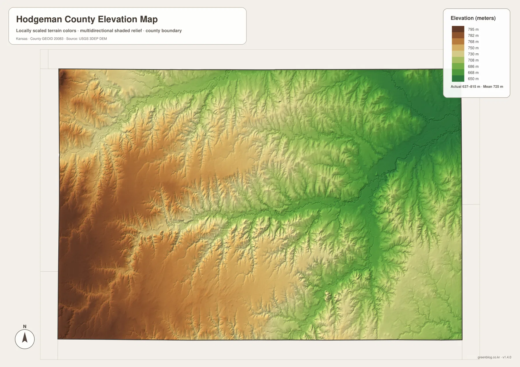 Hodgeman County elevation map showing the 637–815 meter range, high western uplands, Buckner Creek, and lower eastern valleys