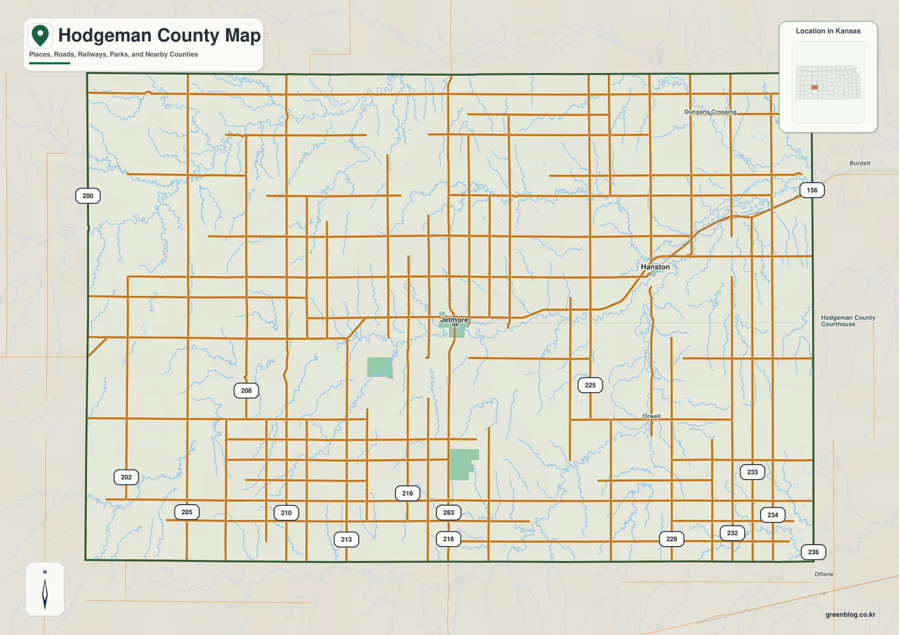 Hodgeman County Kansas general map showing Jetmore, Hanston, K-156, U.S. 283, K-200, and rural roads