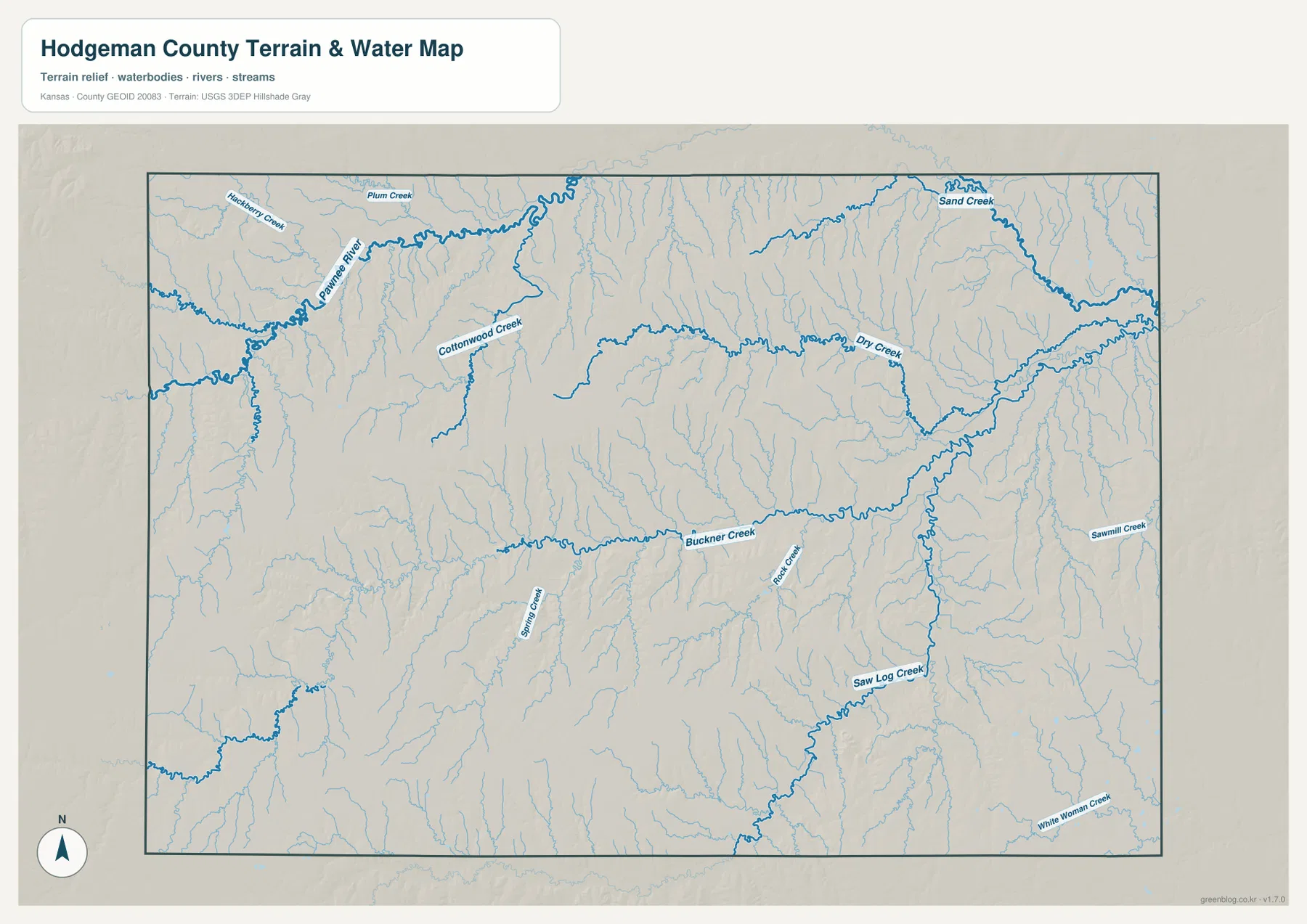 Hodgeman County terrain and water map showing Buckner Creek, Pawnee River, Hackberry Creek, Plum Creek, Sand Creek, Saw Log Creek, and tributaries
