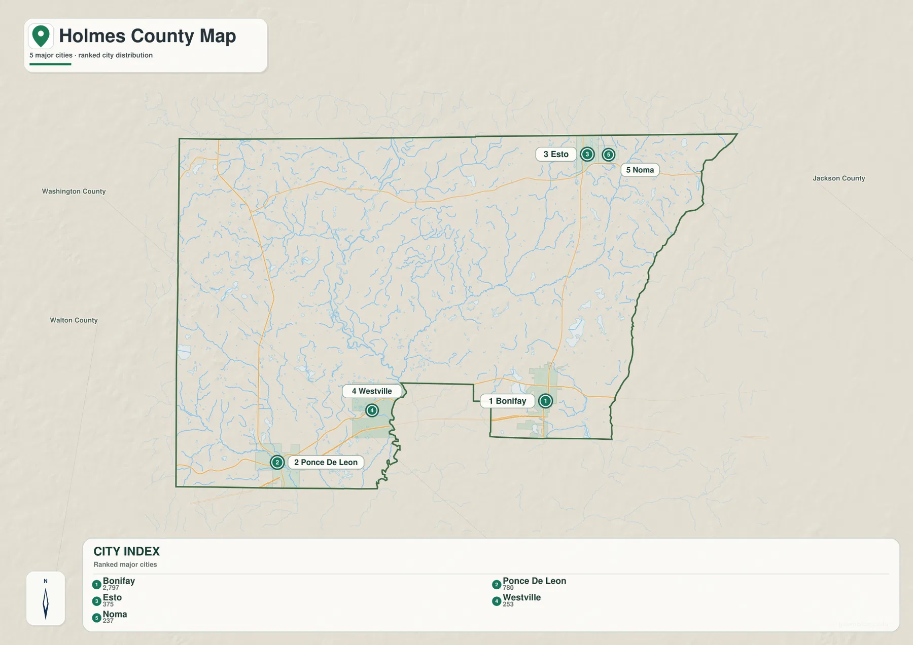 Map of the five incorporated places in Holmes County Florida: Bonifay, Ponce de Leon, Esto, Westville, and Noma