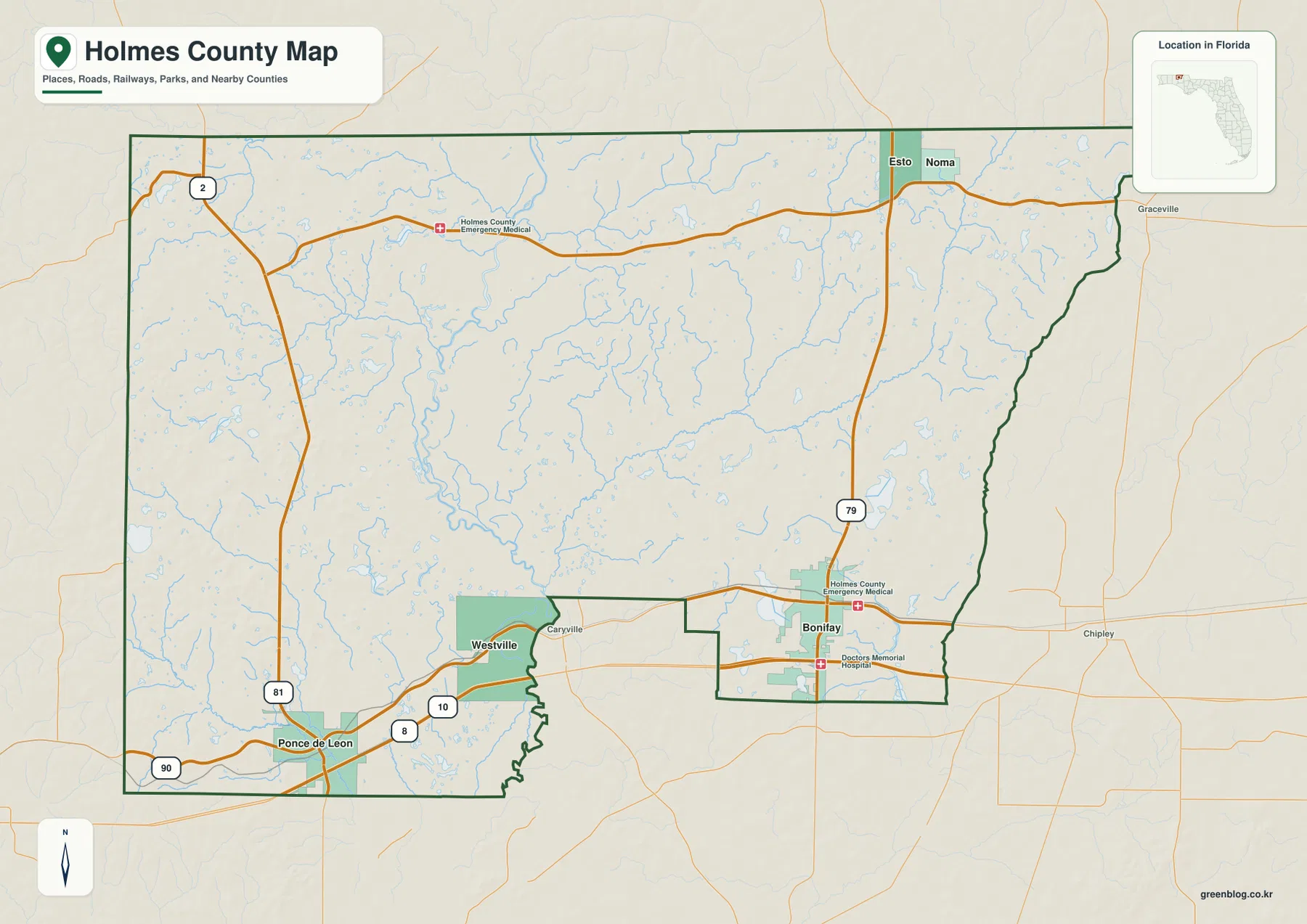 Holmes County Florida road and boundary map showing Bonifay, Ponce de Leon, Westville, Esto, Noma, and major routes