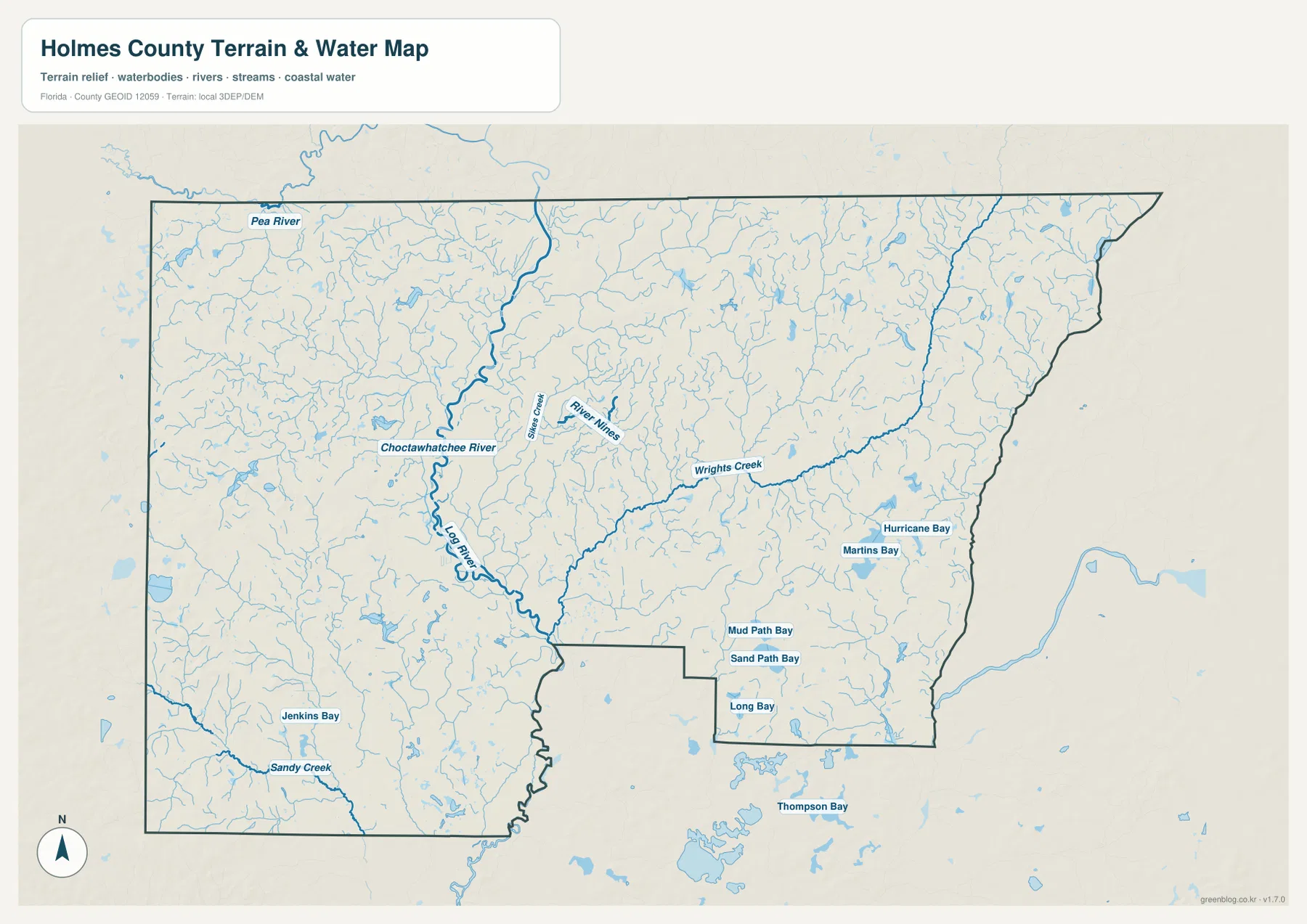 Holmes County Florida terrain and water map showing the Choctawhatchee River, Sandy Creek, Wrights Creek, and smaller water bodies