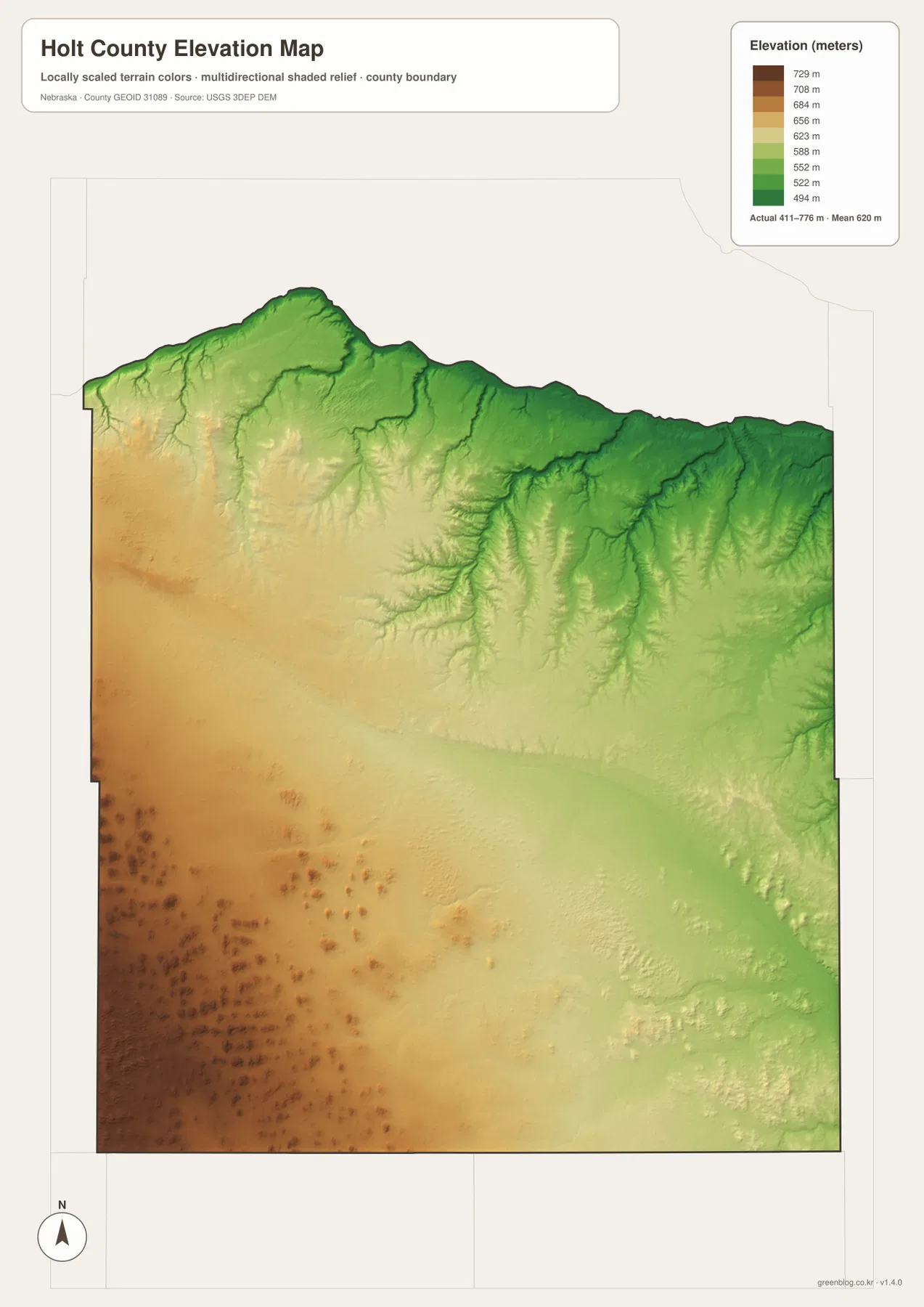 Holt County Nebraska elevation map showing a 411 to 776 meter range, higher southwestern Sandhills, and lower Niobrara and Elkhorn river valleys