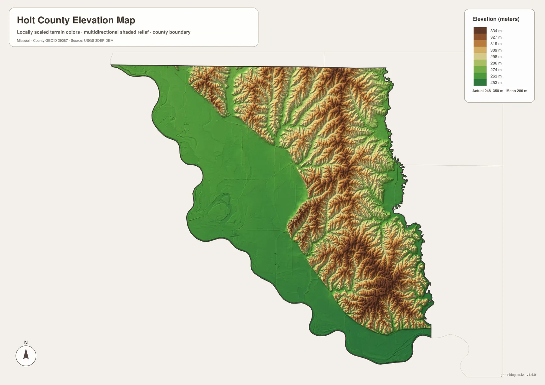 Holt County elevation map from 248 to 358 meters