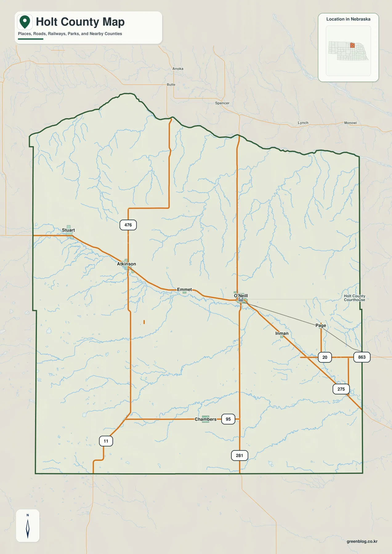 Holt County Nebraska map showing O’Neill, Atkinson, Stuart, Chambers, Inman, Ewing, and major roads