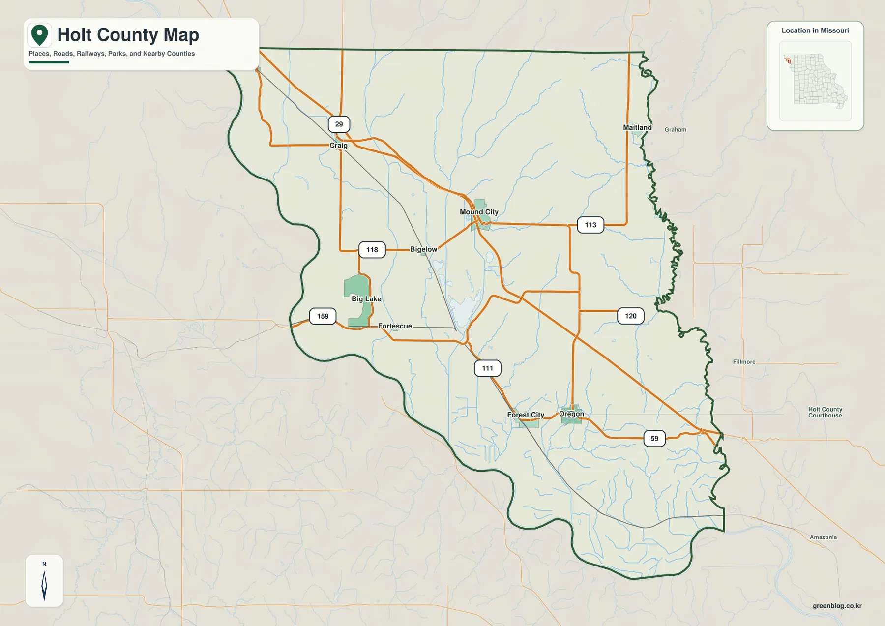 Holt County Missouri roads and Mound City map