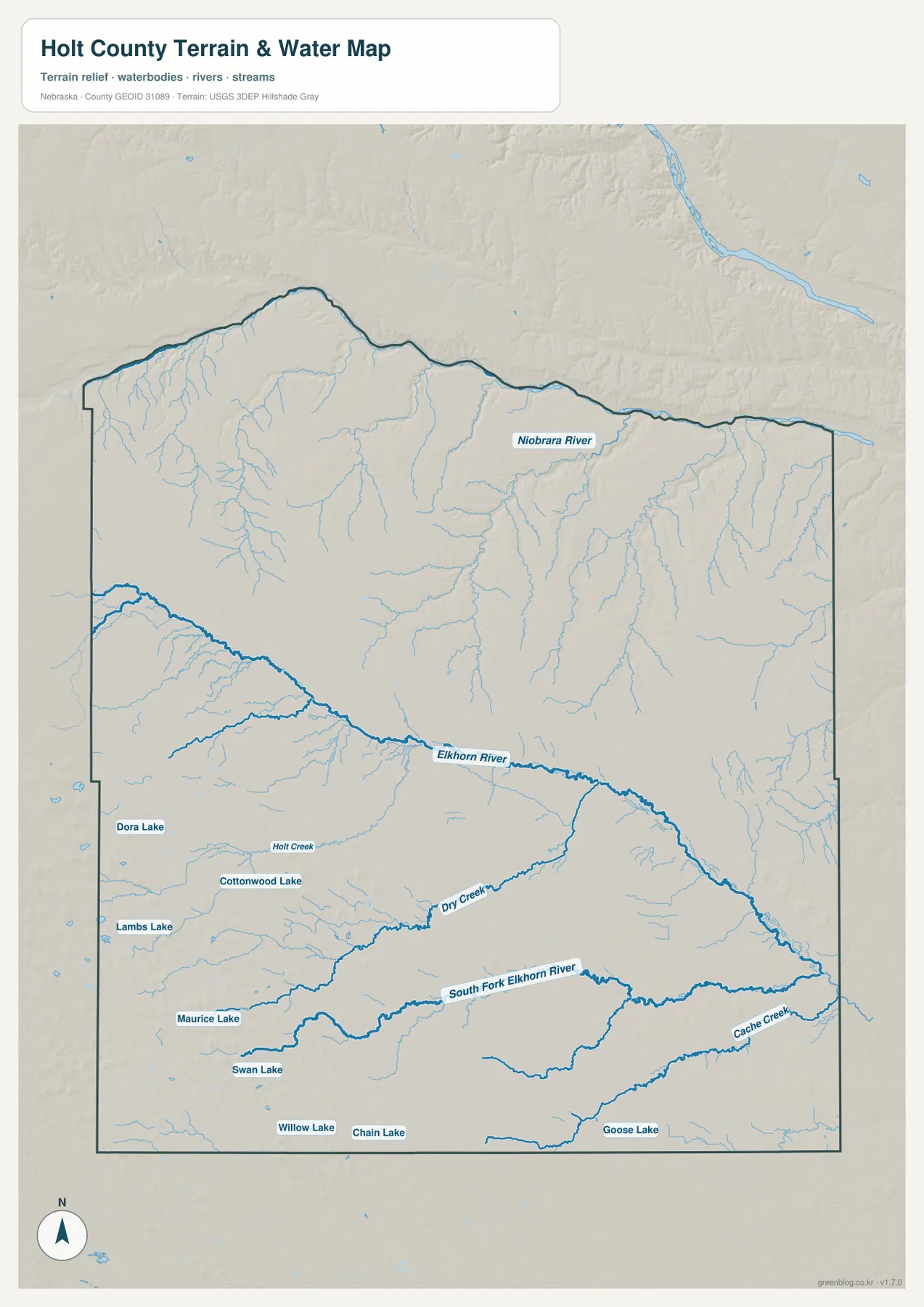 Holt County terrain and water map showing the Niobrara River, Elkhorn River, South Fork Elkhorn River, Dry Creek, Cache Creek, and lakes