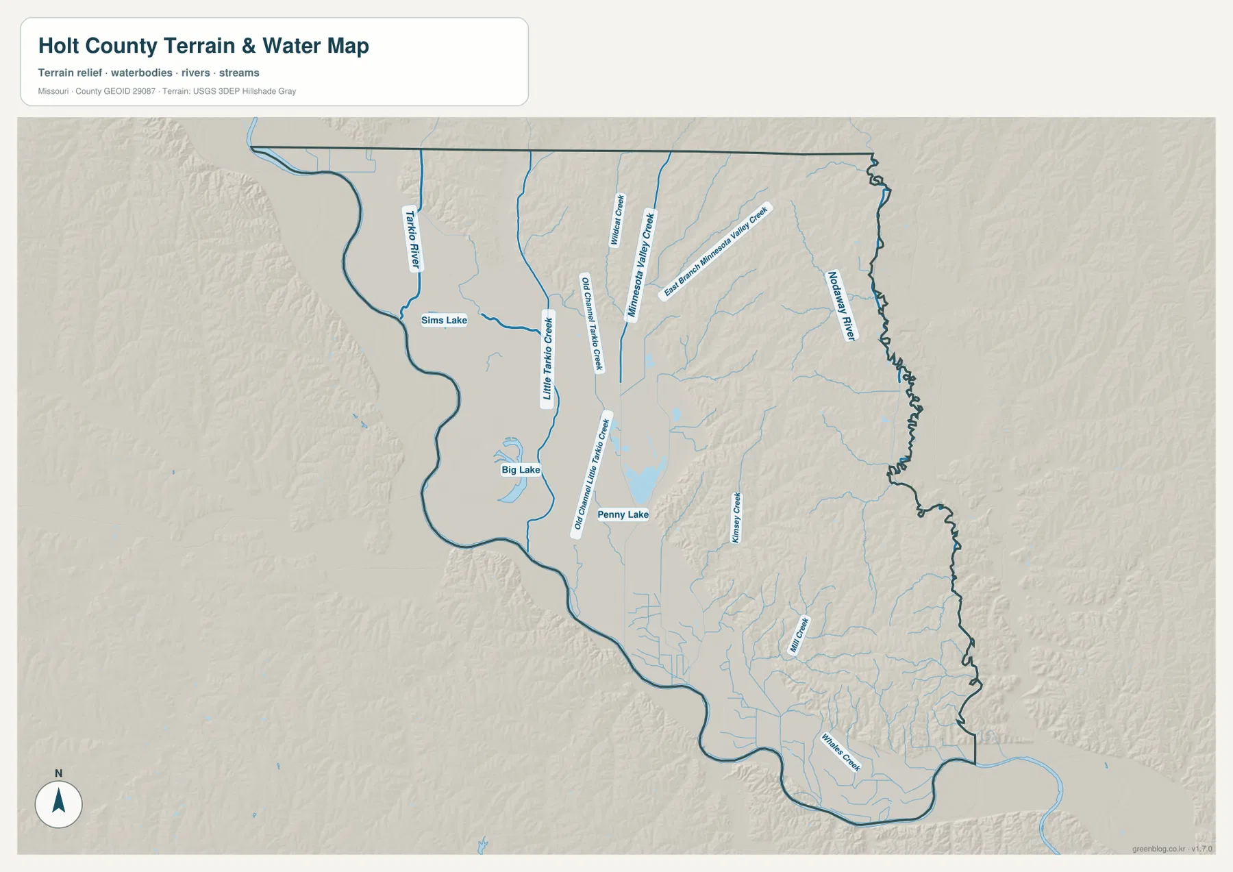 Holt County Tarkio River and Nodaway River terrain map