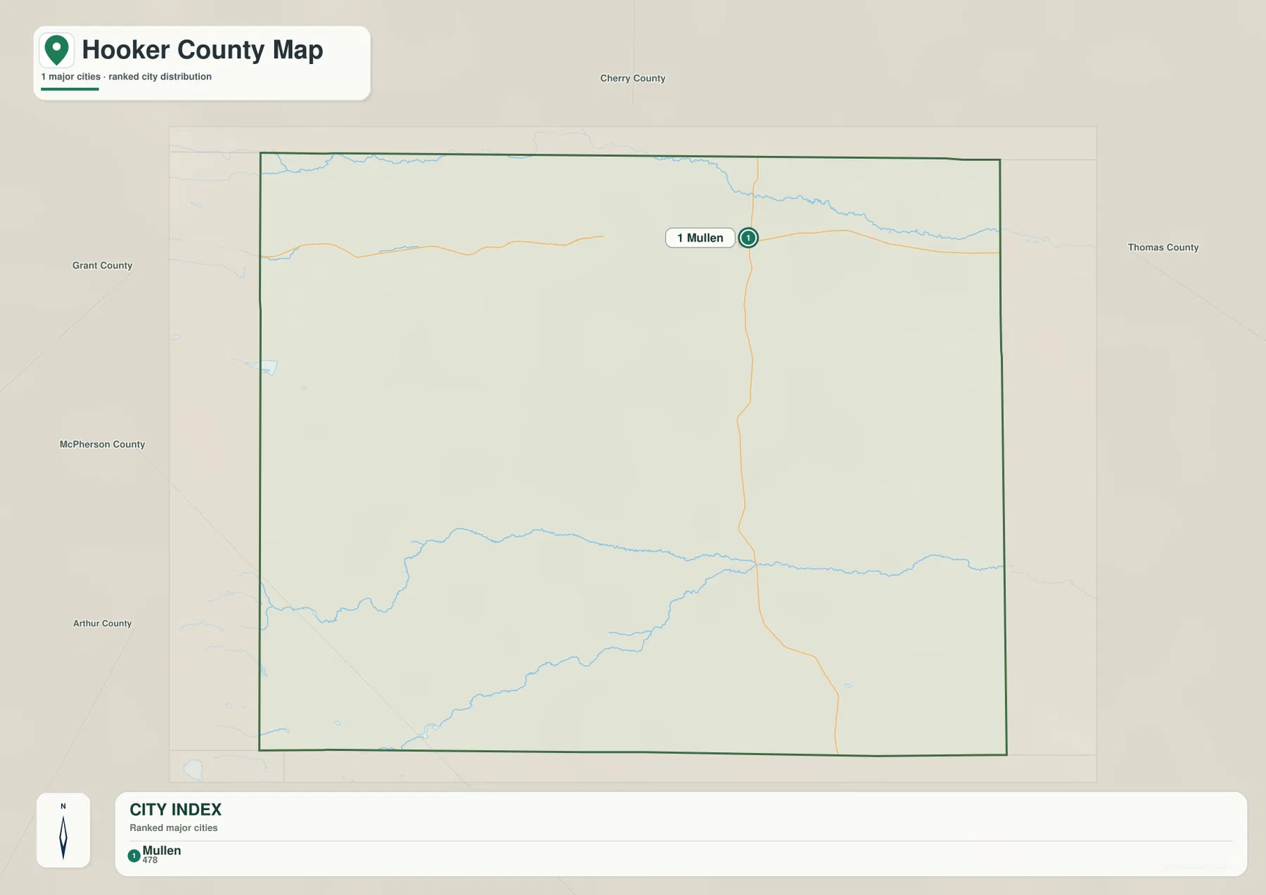 Hooker County city distribution map showing Mullen as the only ranked major city
