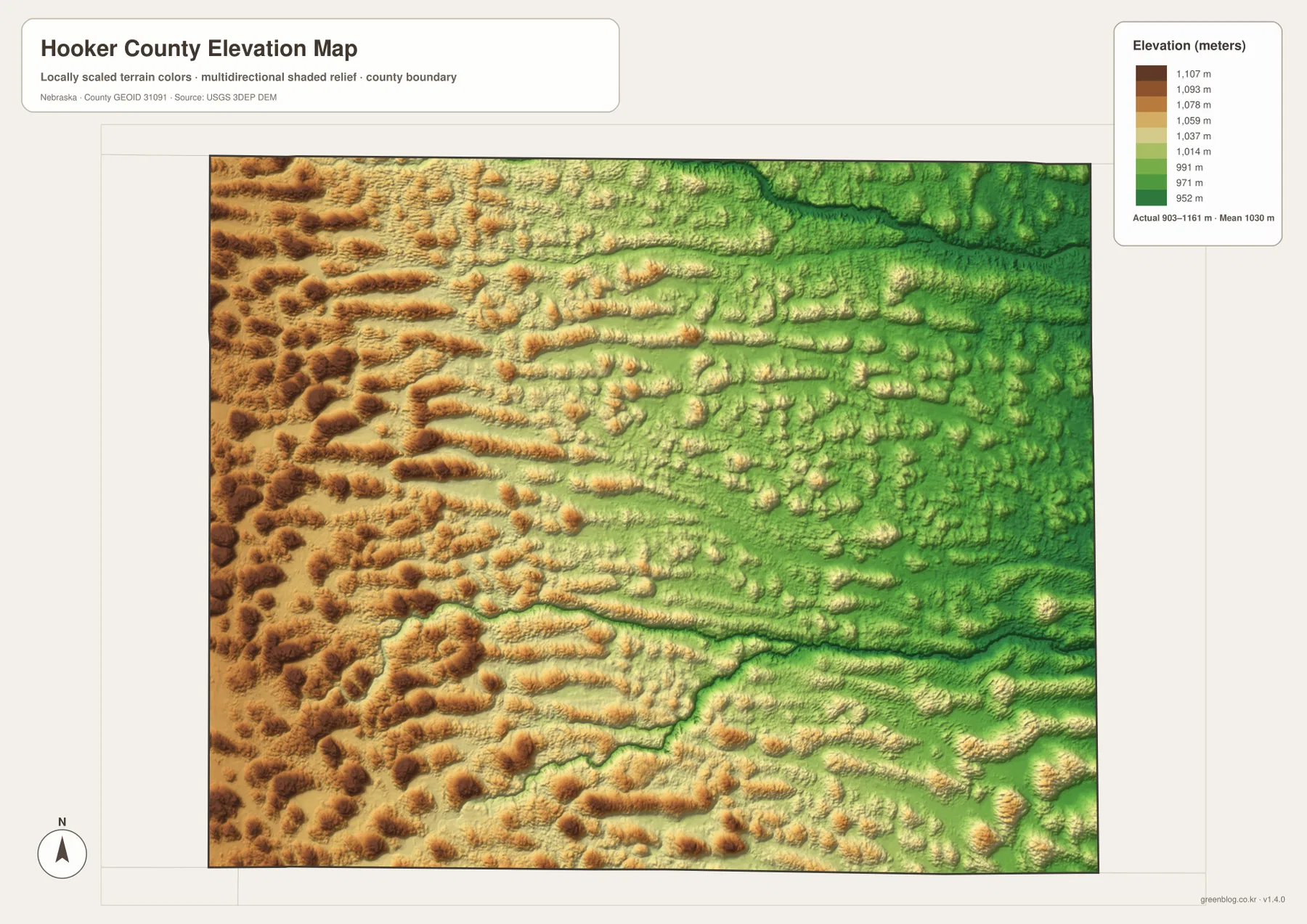 Hooker County Nebraska elevation map showing a 903 to 1161 meter range, higher western Sandhills, and lower Middle Loup and Dismal River valleys