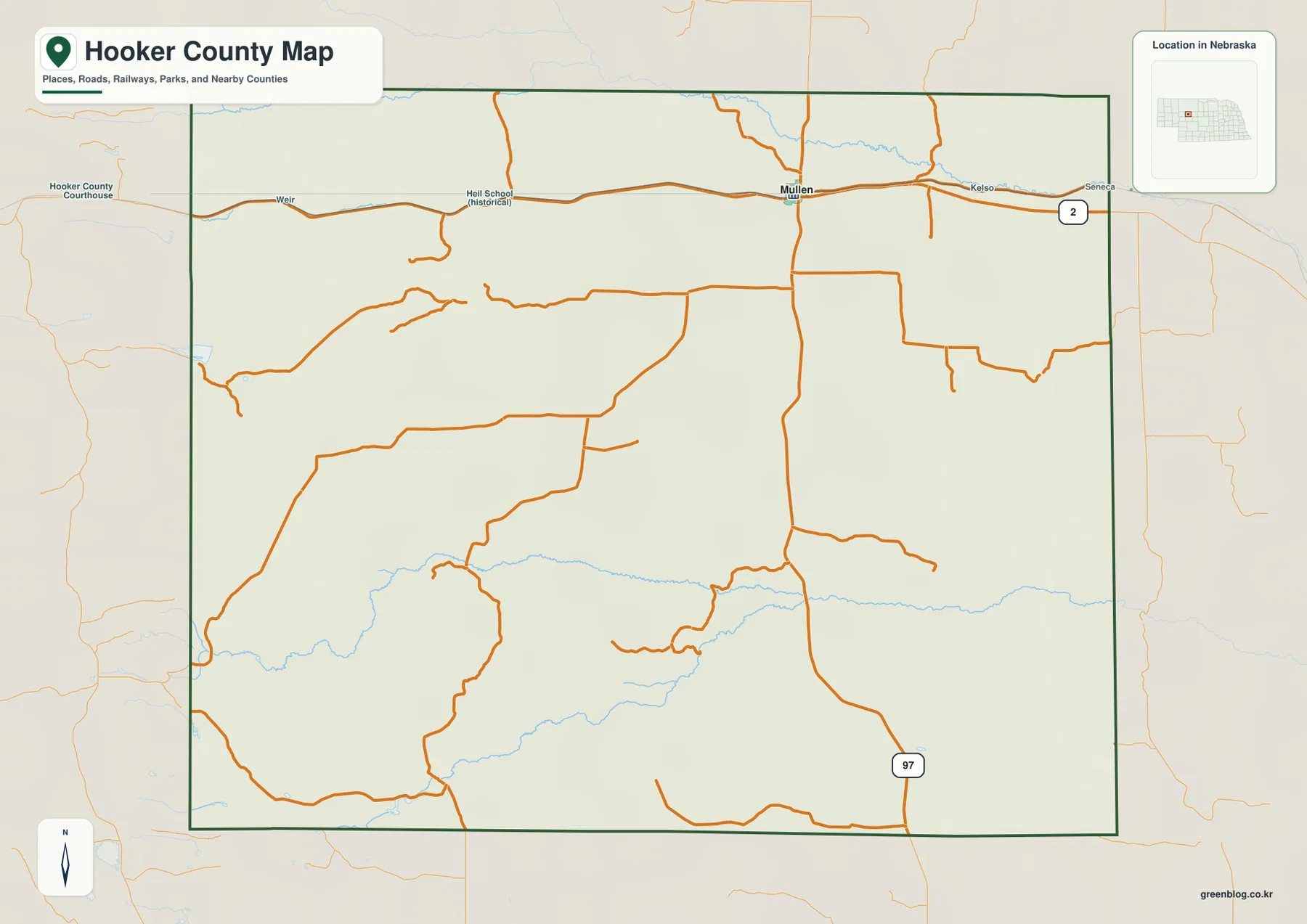 Hooker County Nebraska map showing Mullen, Highway 2, Highway 97, local roads, and the county boundary