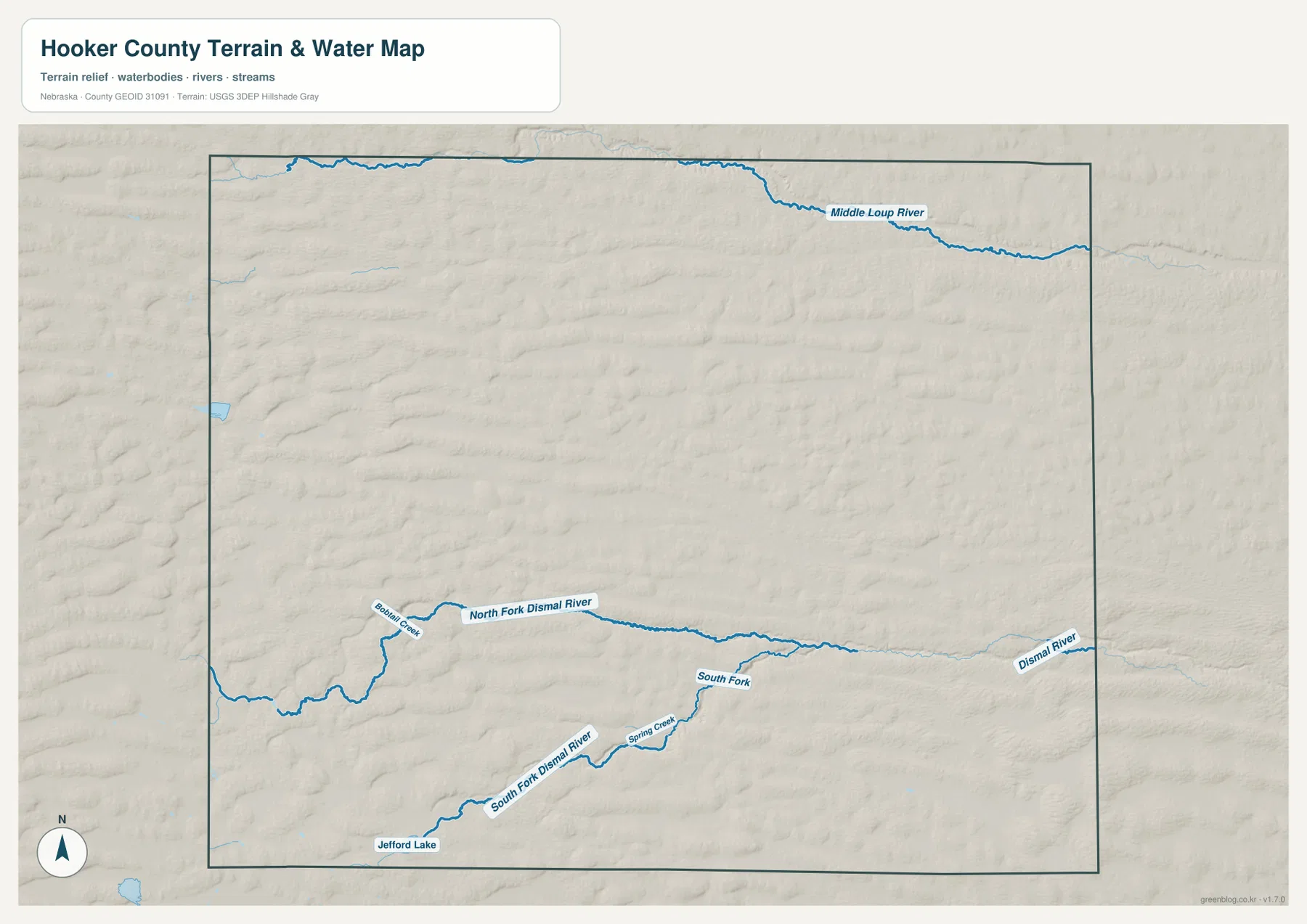 Hooker County terrain and water map showing the Middle Loup River, Dismal River, North Fork and South Fork Dismal River, Spring Creek, and Babbitt Creek