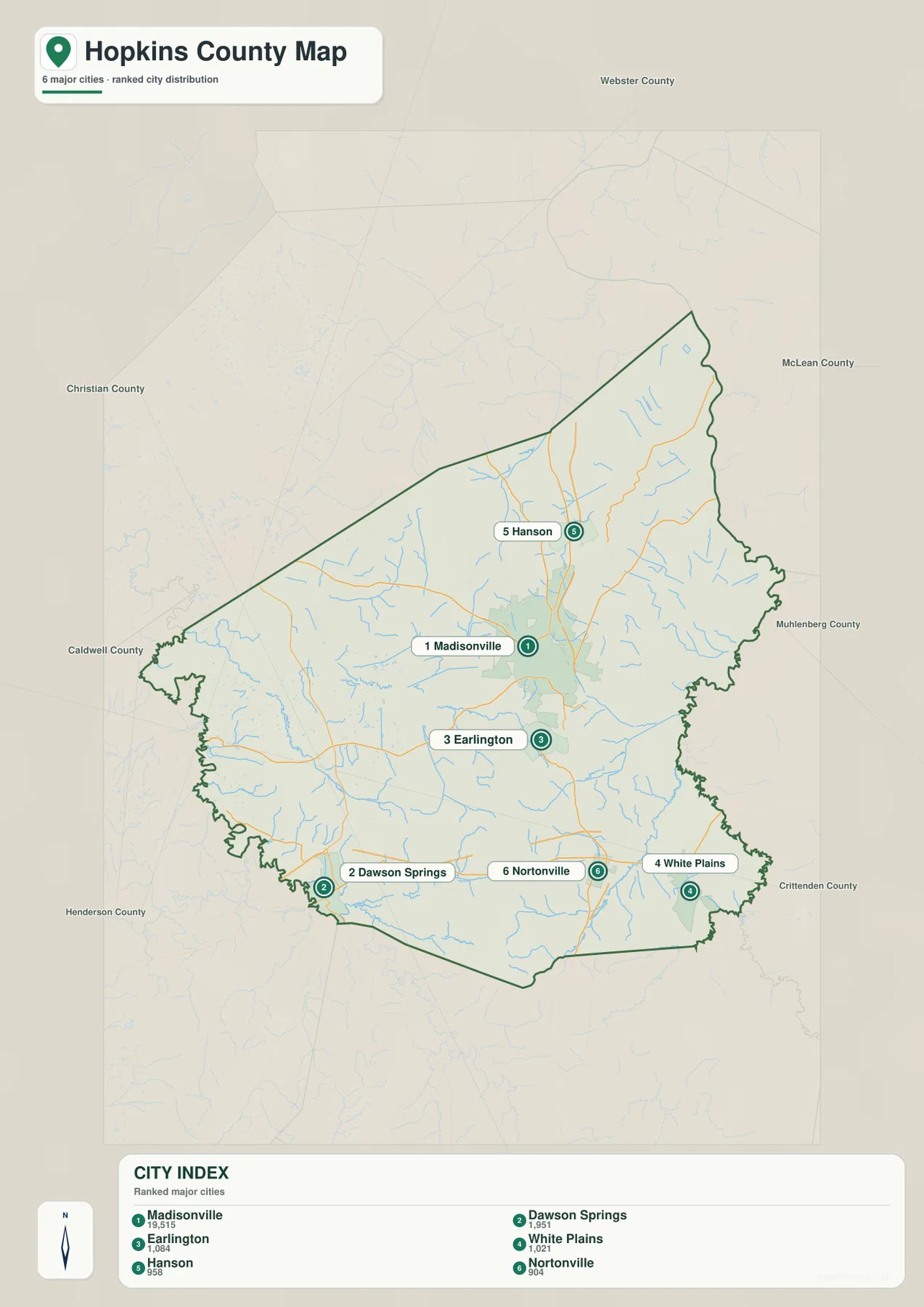 Hopkins County city map showing Madisonville, Dawson Springs, Earlington, White Plains, Hanson, and Nortonville