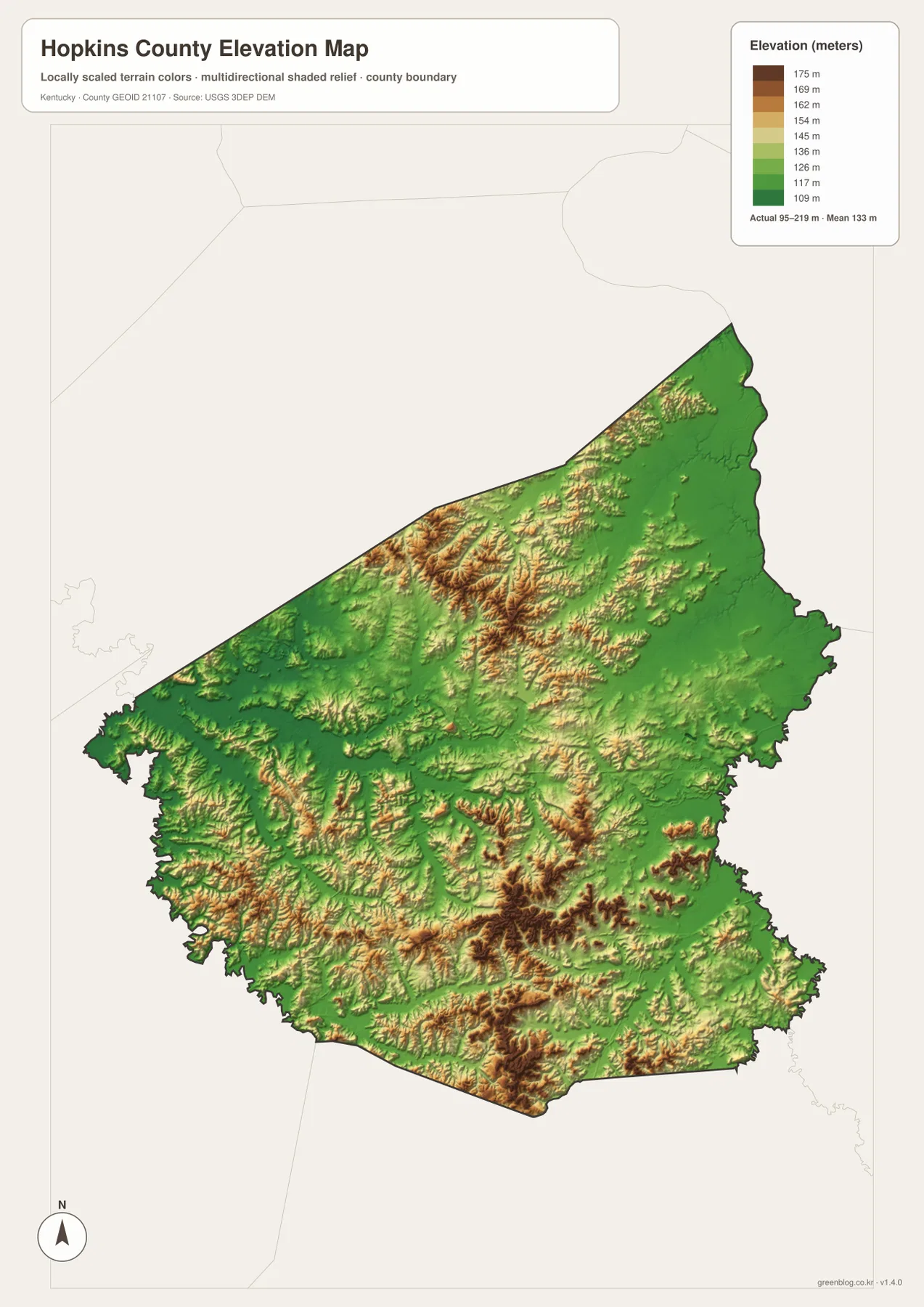 Hopkins County elevation map showing an actual range of about 95 to 219 meters and a mean of 133 meters