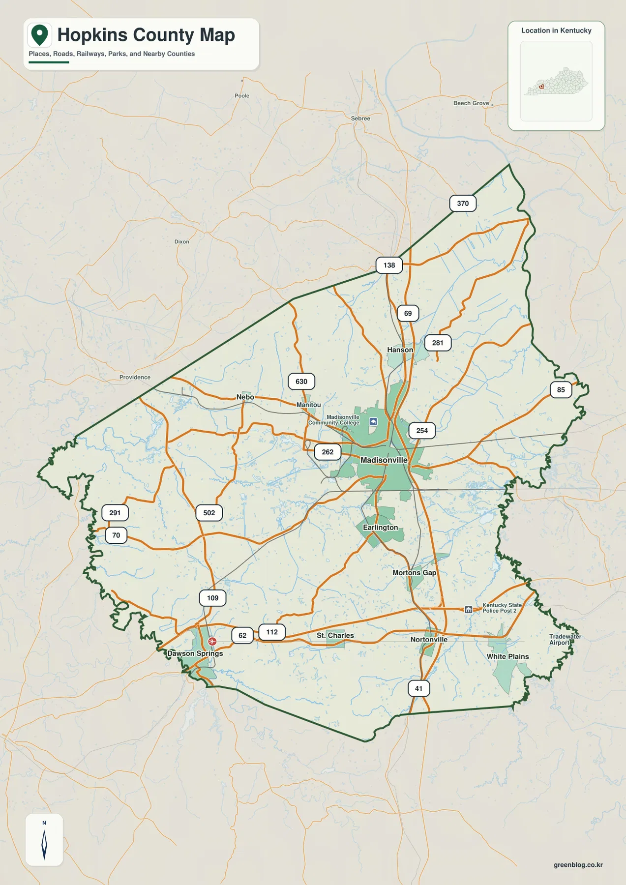Hopkins County Kentucky map showing Madisonville, U.S. 41, Dawson Springs, Hanson, Earlington, and major state routes