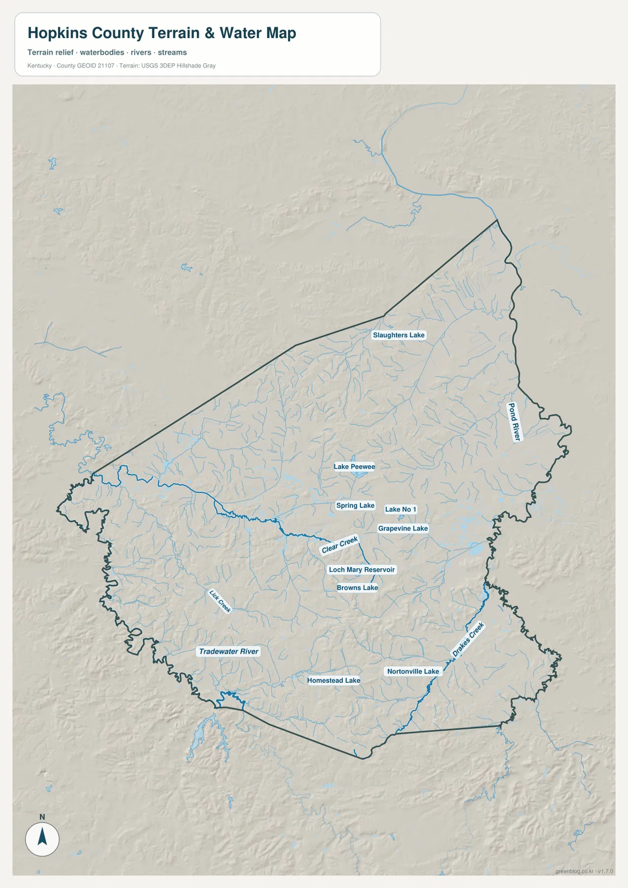 Hopkins County water map showing the Tradewater River, Pond River, Drakes Creek, Clear Creek, lakes, and reservoirs