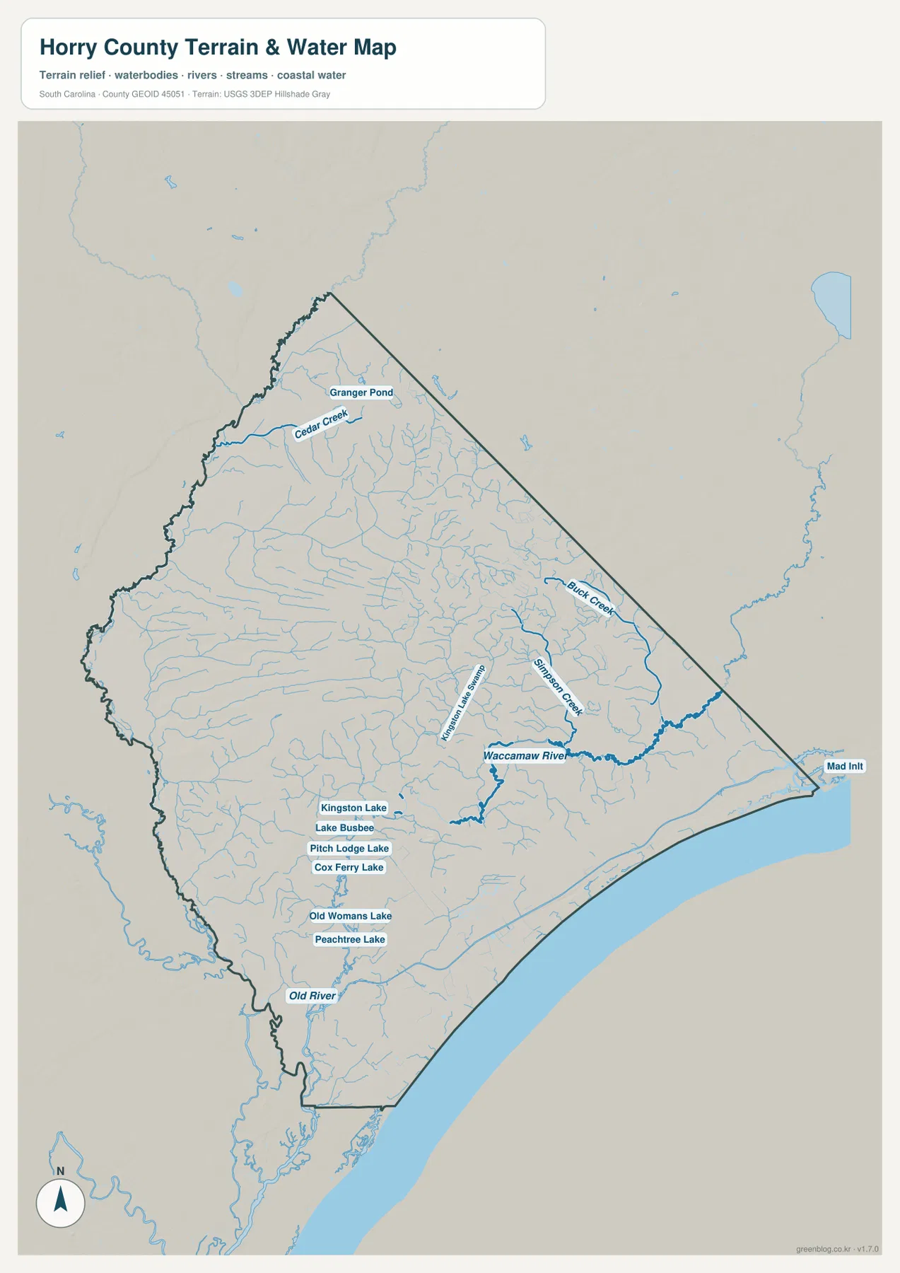 Waccamaw River, Kingston Lake, Buck Creek, Cedar Creek과 Horry County 해안 수역이 표시된 지형 수역 지도