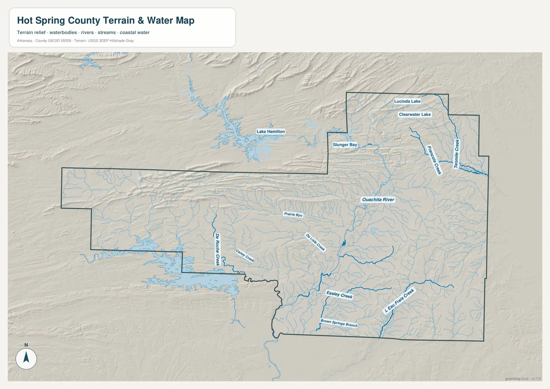 Ouachita River, Francois Creek, Tenmile Creek, De Roche Creek와 여러 호수를 표시한 핫스프링 카운티 수역 지형 지도