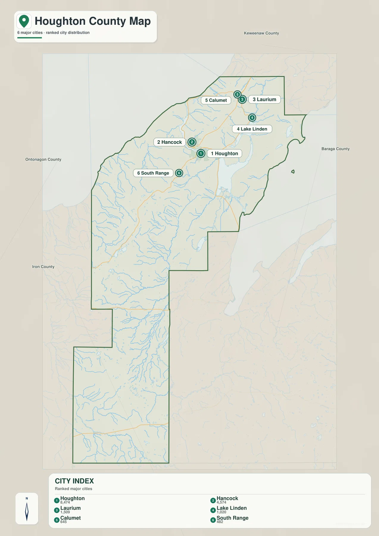 Houghton County Michigan city distribution map with Houghton, Hancock, Laurium, Lake Linden, Calumet and South Range numbered