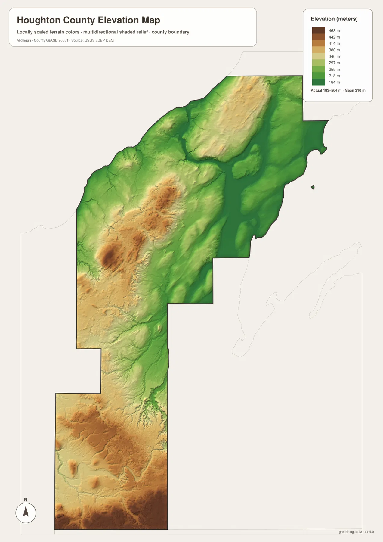 Houghton County Michigan elevation map showing low eastern waterways, western ridges, and high southern uplands