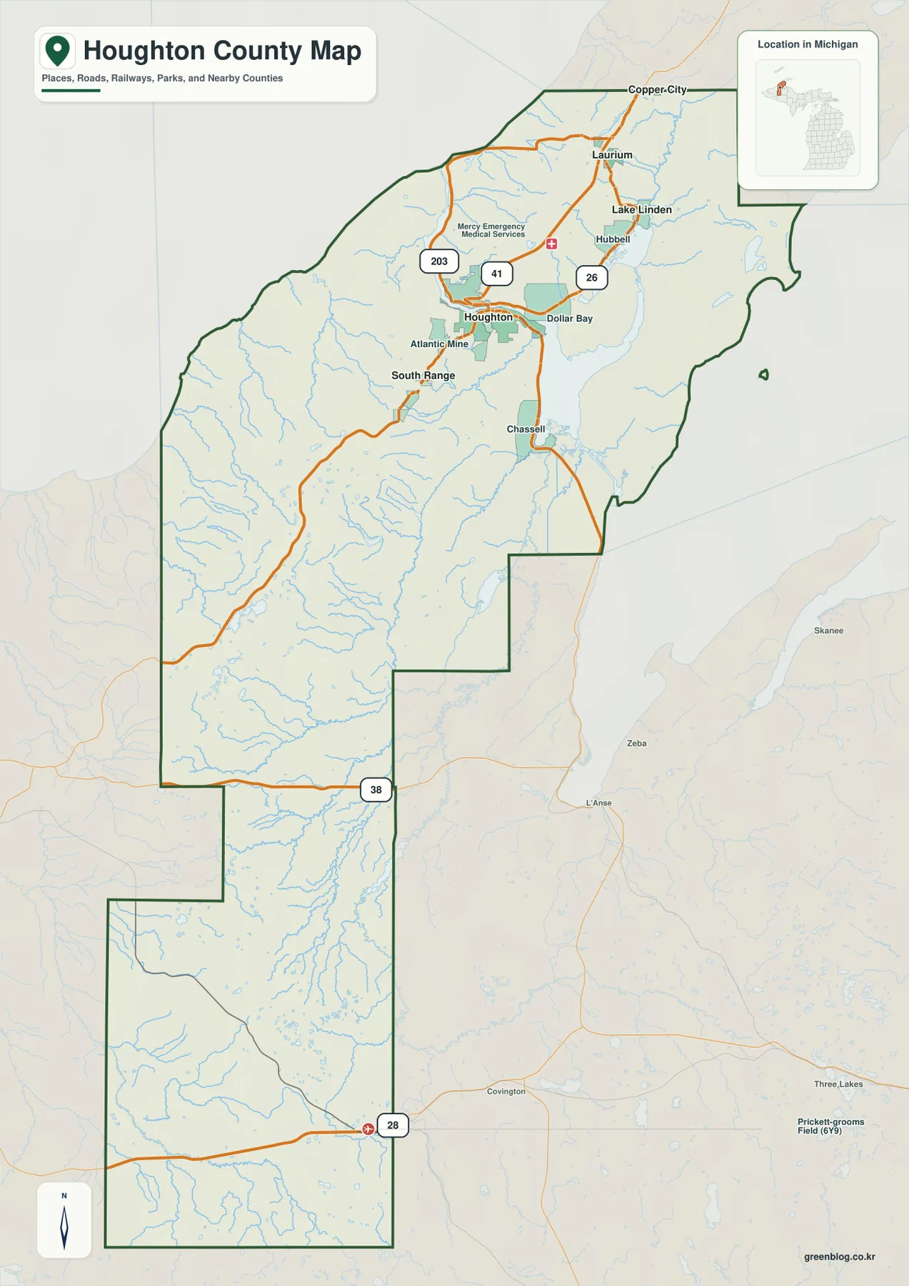 Houghton County Michigan map showing Houghton, Hancock, Laurium, Lake Linden, Hubbell, Dollar Bay, Chassell, US-41, M-26, M-203, M-38 and M-28
