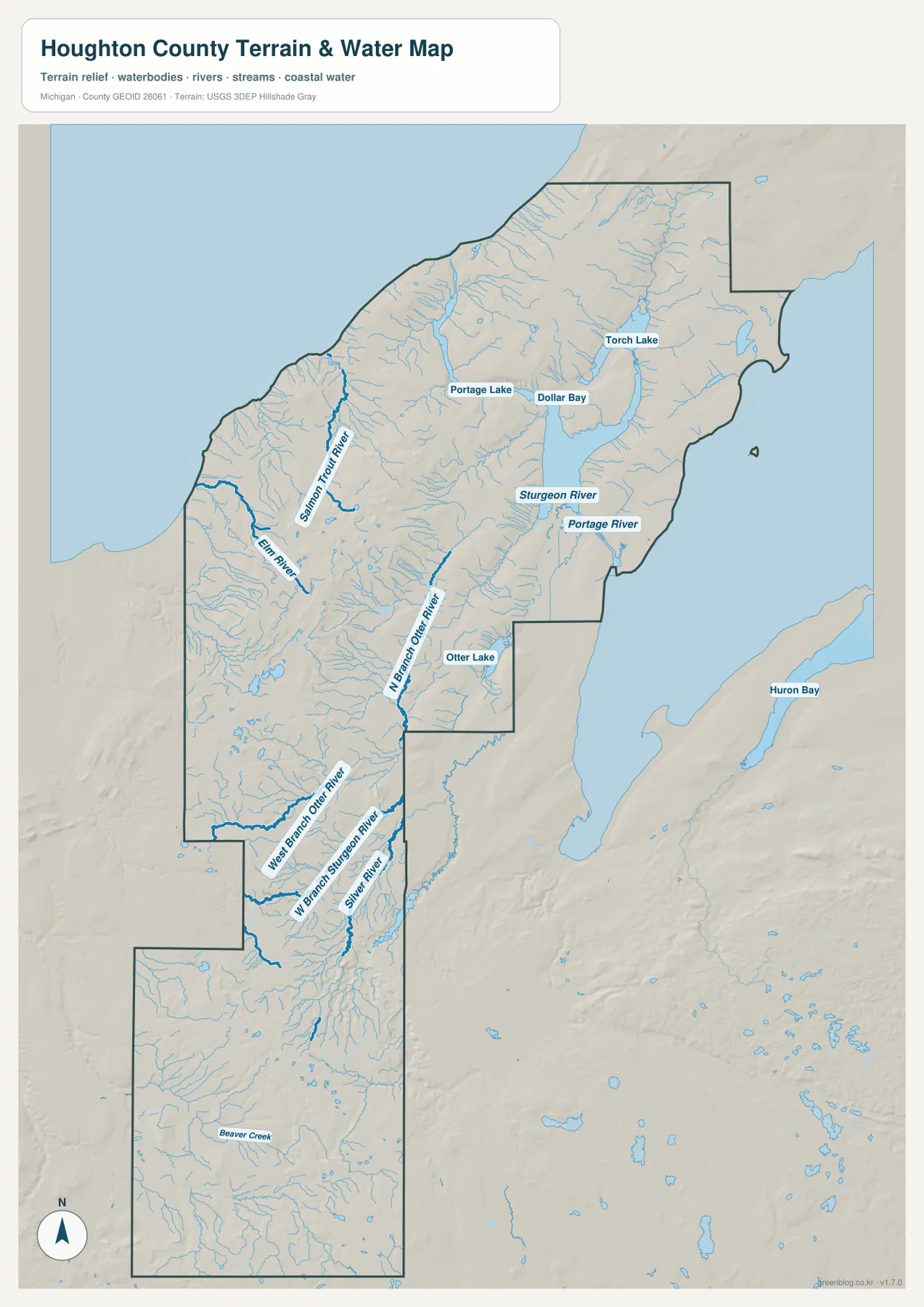 Houghton County terrain and water map showing Portage Lake, Dollar Bay, Torch Lake, Salmon Trout River, Elm River, North Branch Otter River, Sturgeon River branches, Otter Lake, Huron Bay and Beaver Creek