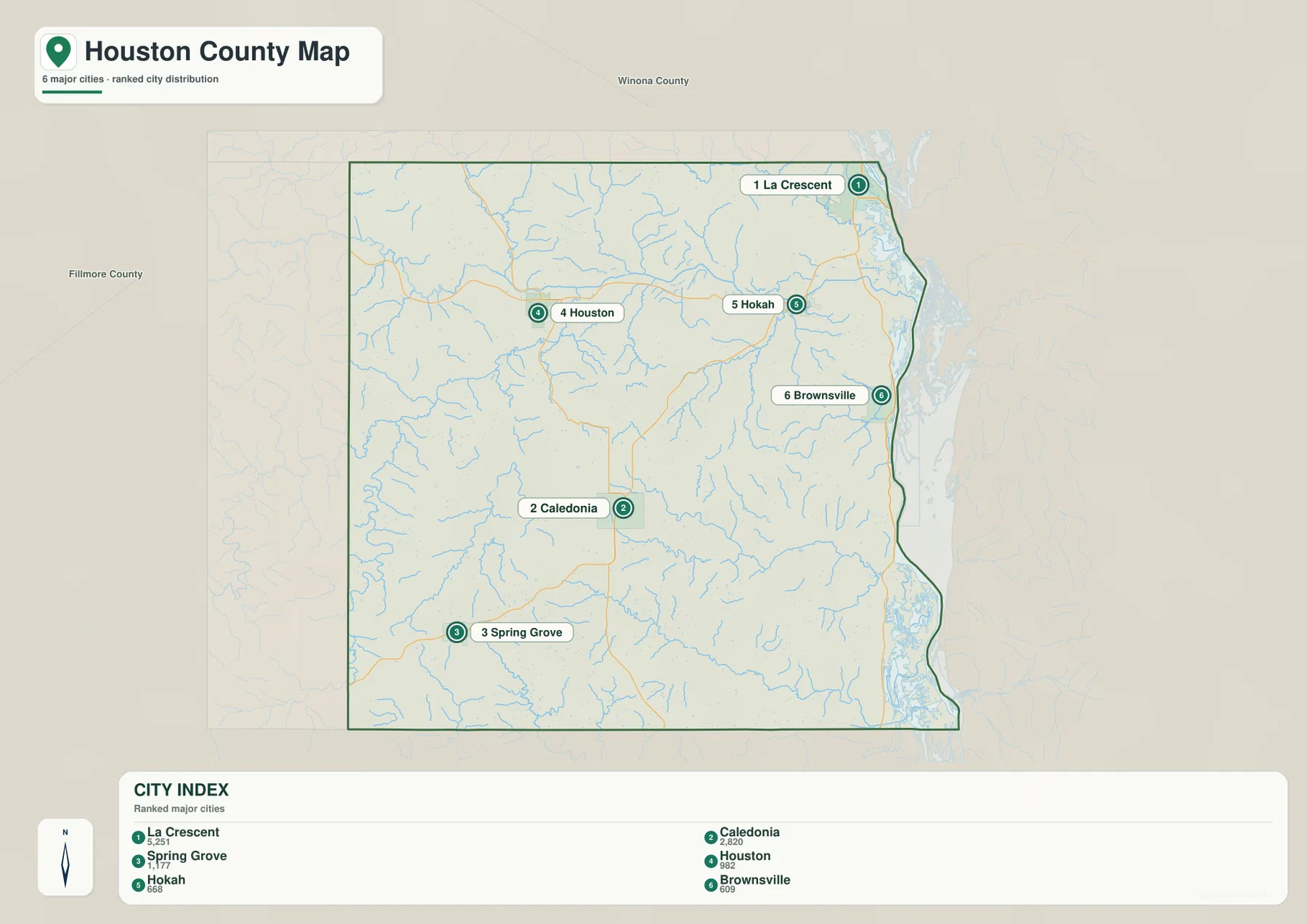 Houston County city map with La Crescent, Caledonia, Spring Grove, Houston, Hokah and Brownsville