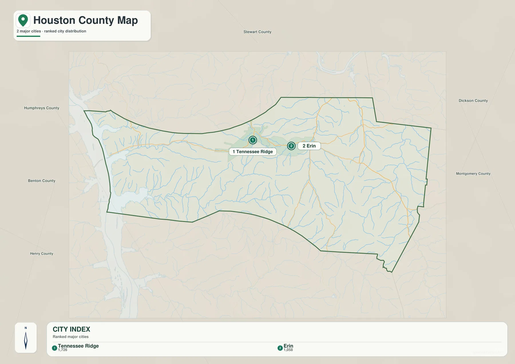 Houston County Tennessee city map showing Tennessee Ridge and Erin