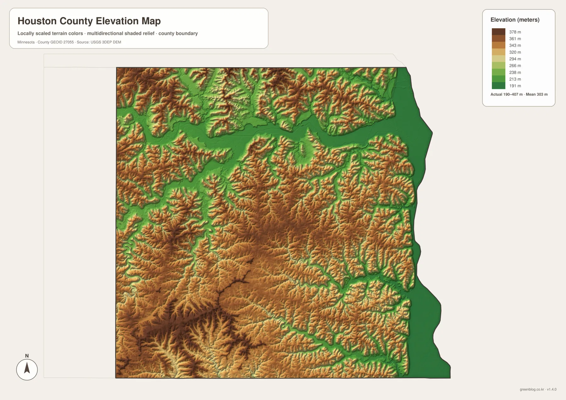 Houston County elevation map showing approximately 190 to 407 meters of elevation and deep river valleys