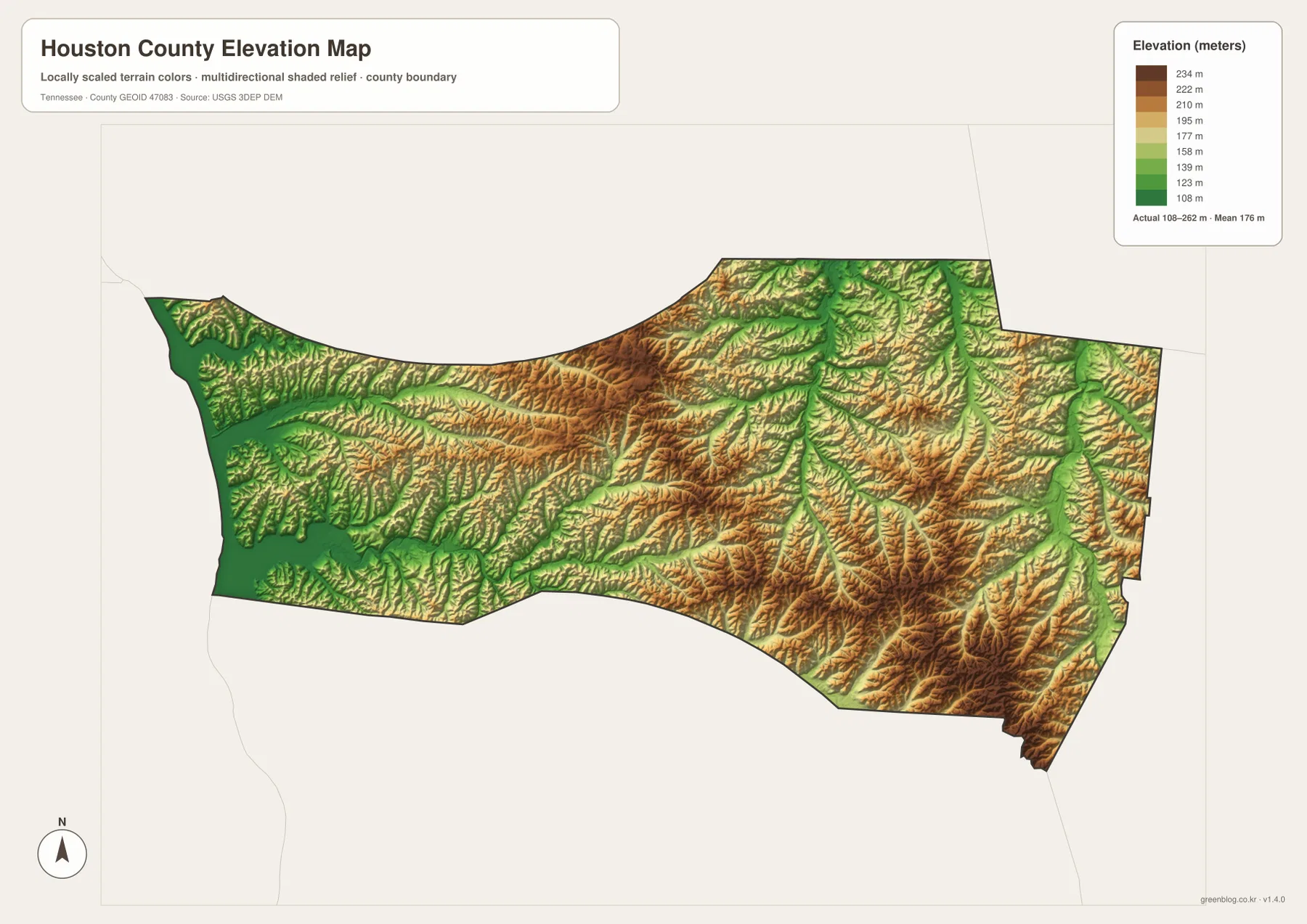 Houston County Tennessee elevation map showing 108 to 262 meter relief, western river lowland and interior ridges