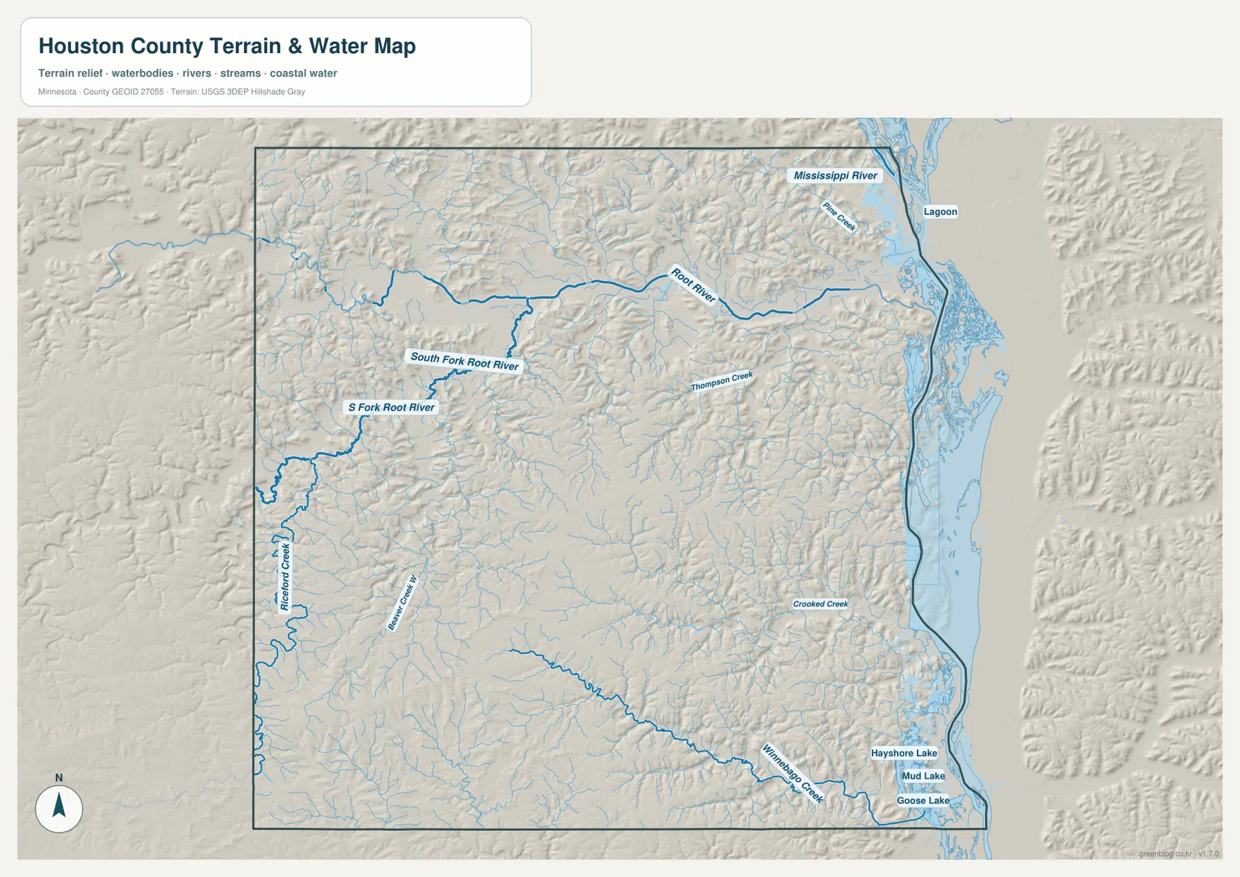 Houston County water map showing the Mississippi River, Root River, South Fork Root River, Thompson Creek and Winnebago Creek