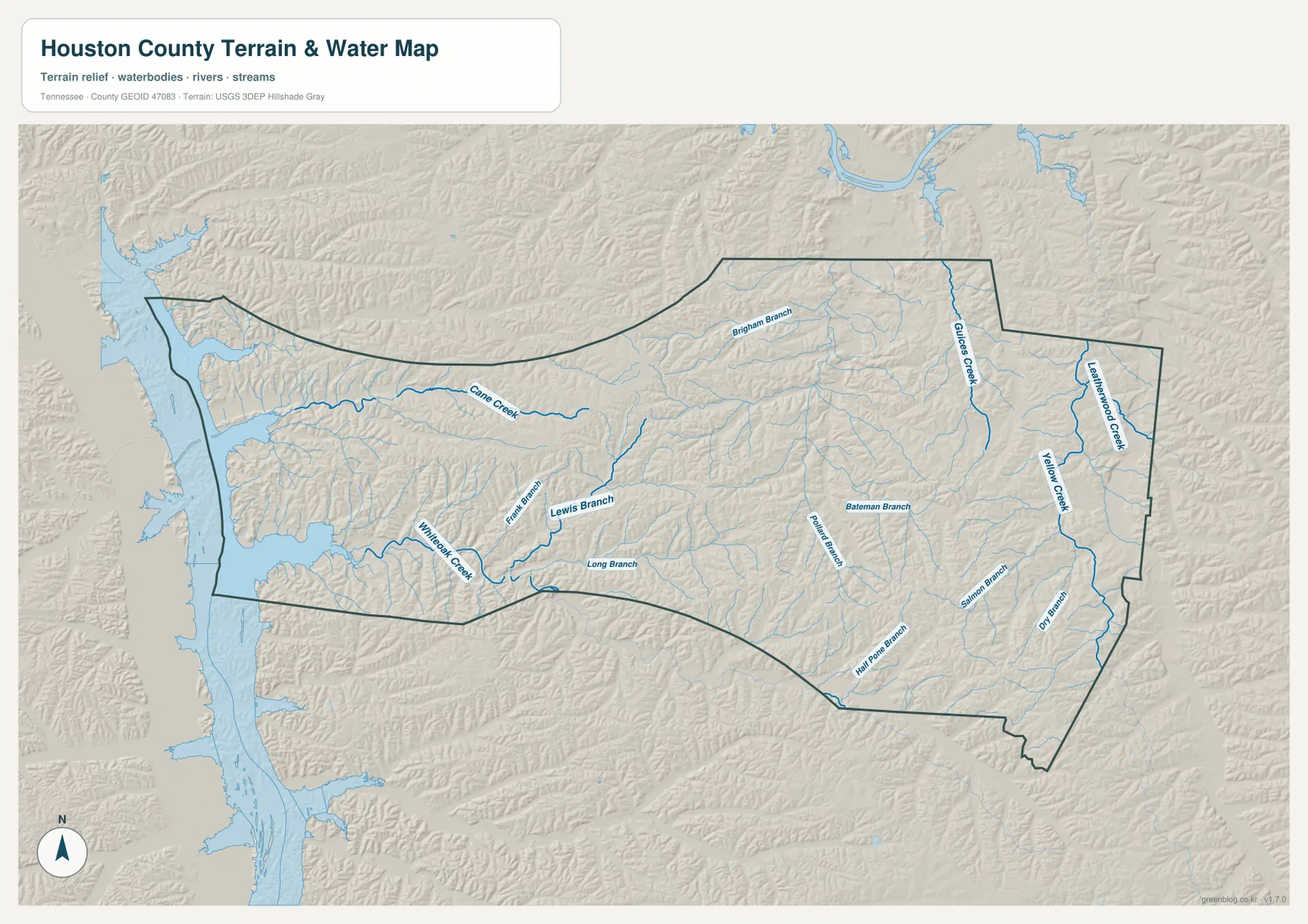 Houston County Tennessee water map with Tennessee River, Camp Creek, Whiteoak Creek, Gillies Creek and eastern branches