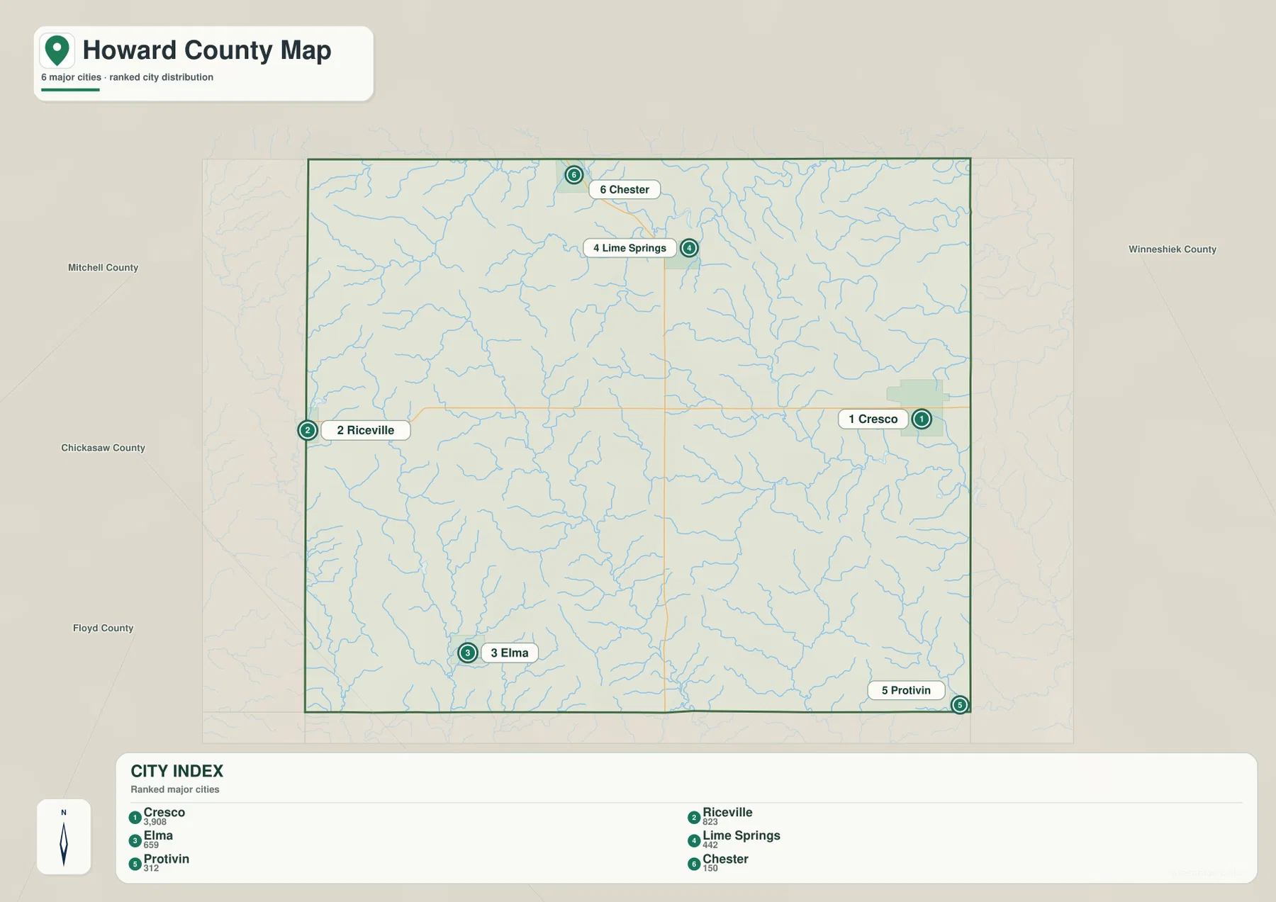 Howard County Iowa Cresco Riceville Elma Lime Springs Protivin Chester 도시 지도