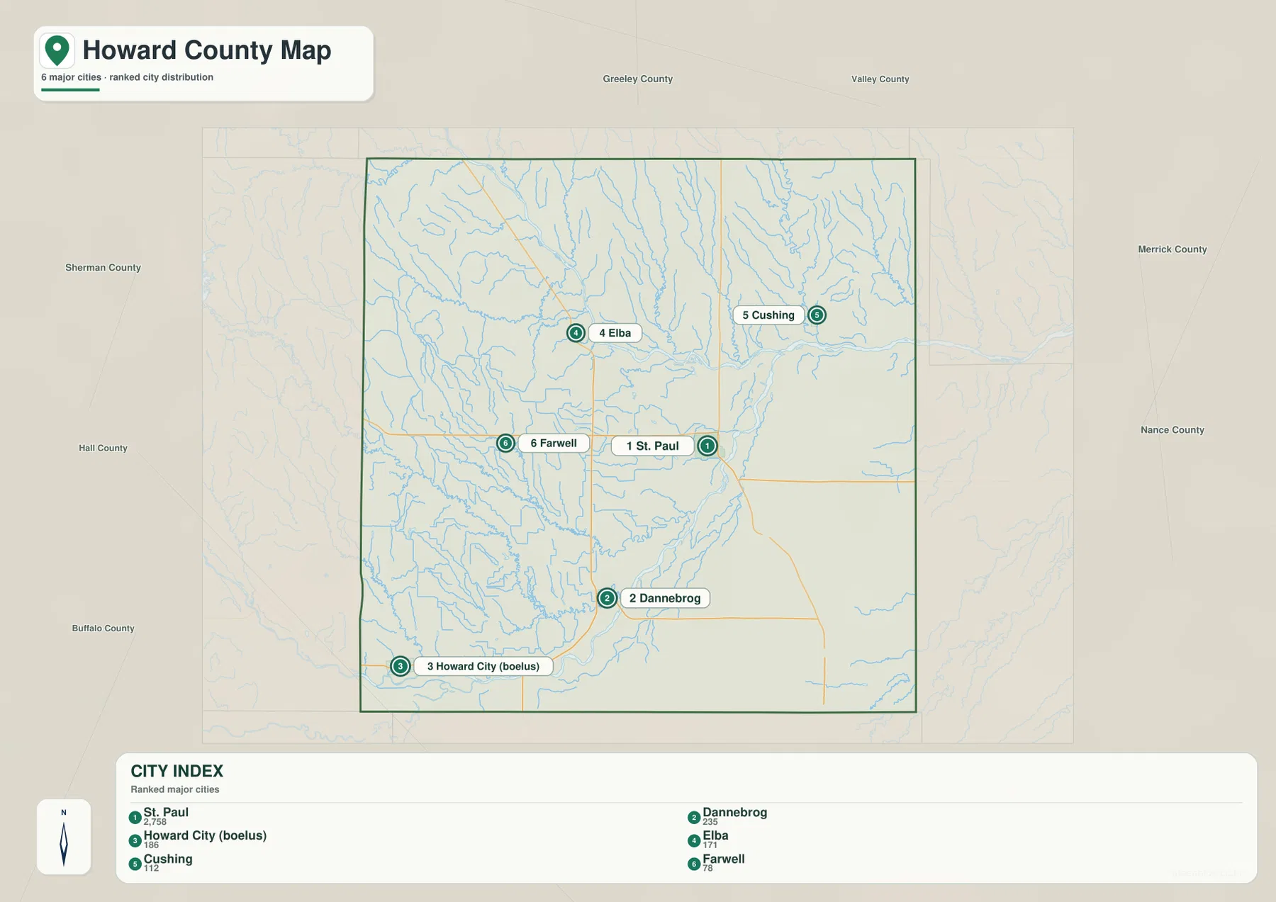Howard County 도시 분포 지도에서 St. Paul, Dannebrog, Howard City, Elba, Cushing, Farwell의 순위와 위치를 보여 주는 모습