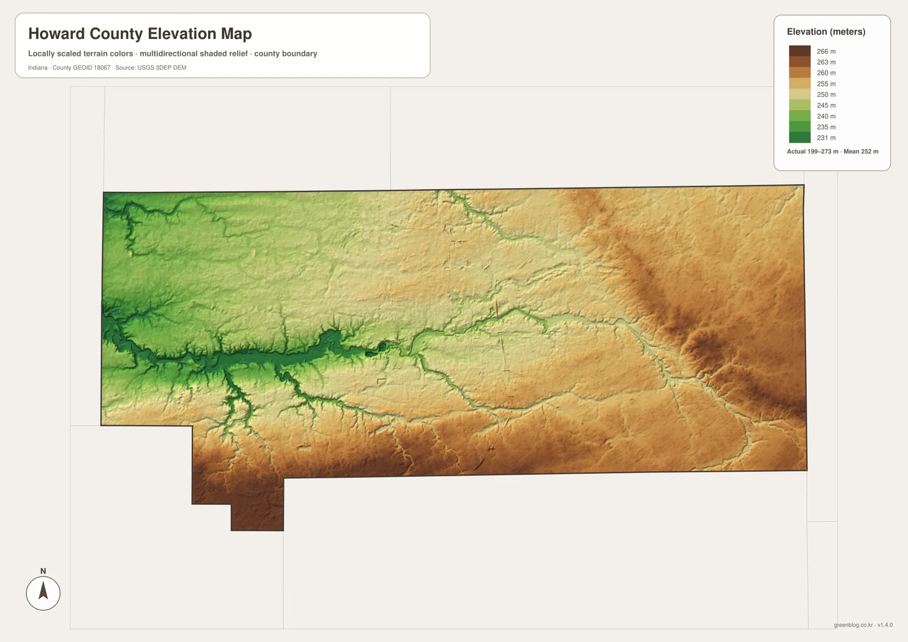 Howard County elevation map showing lower green terrain in the west and along Wildcat Creek and higher yellow-brown ground toward the east