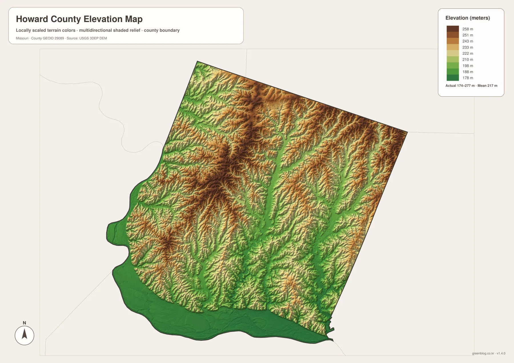 Howard County elevation map from 174 to 277 meters