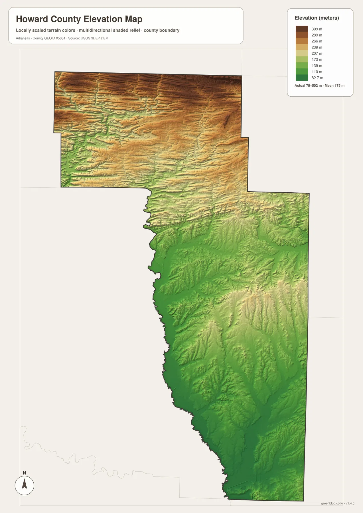 Howard County Arkansas elevation map showing a 79 to 502 meter range with high northern uplands and lower southern terrain