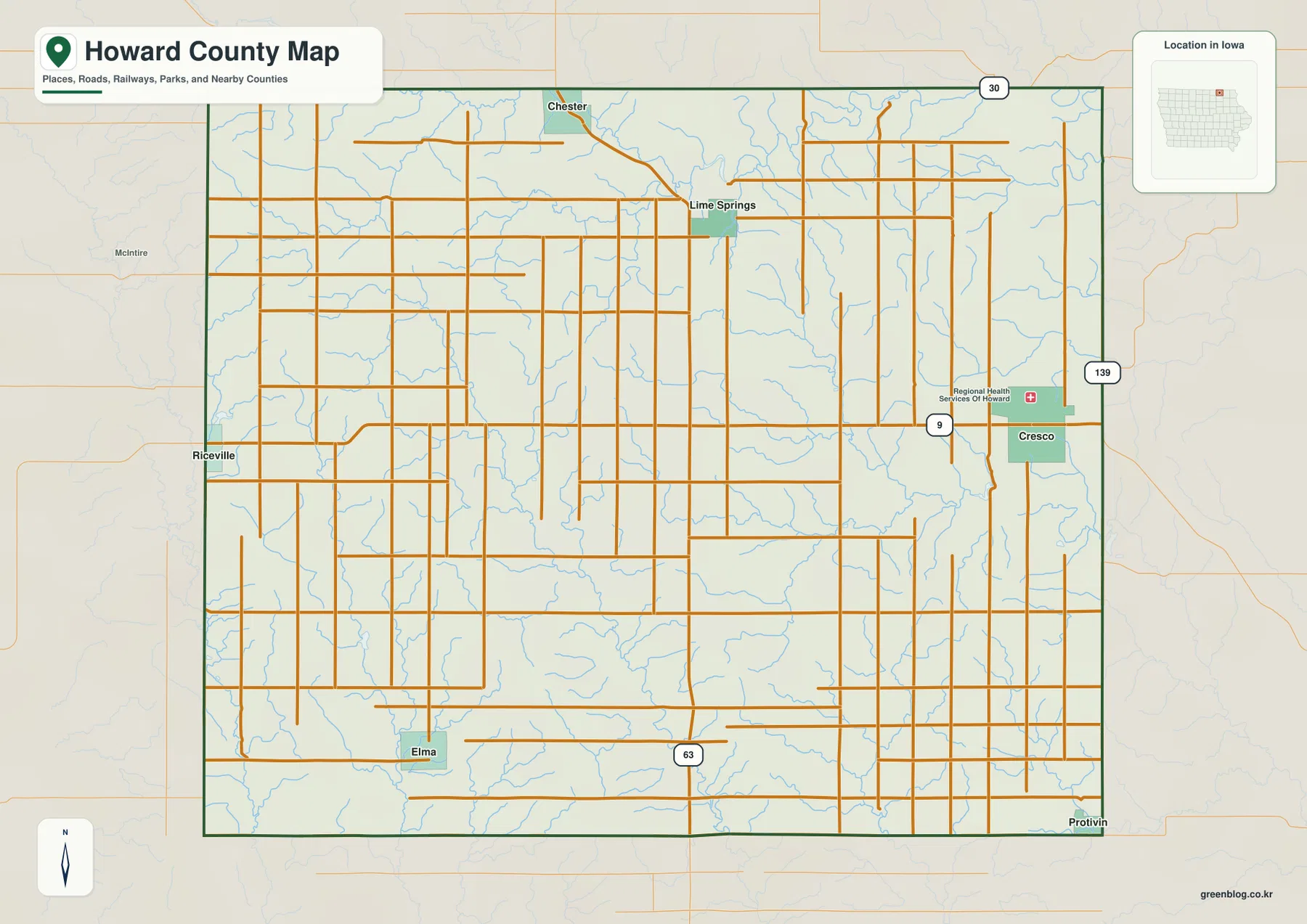 아이오와주 Howard County Cresco Riceville Iowa 9 U.S. 63 카운티 지도