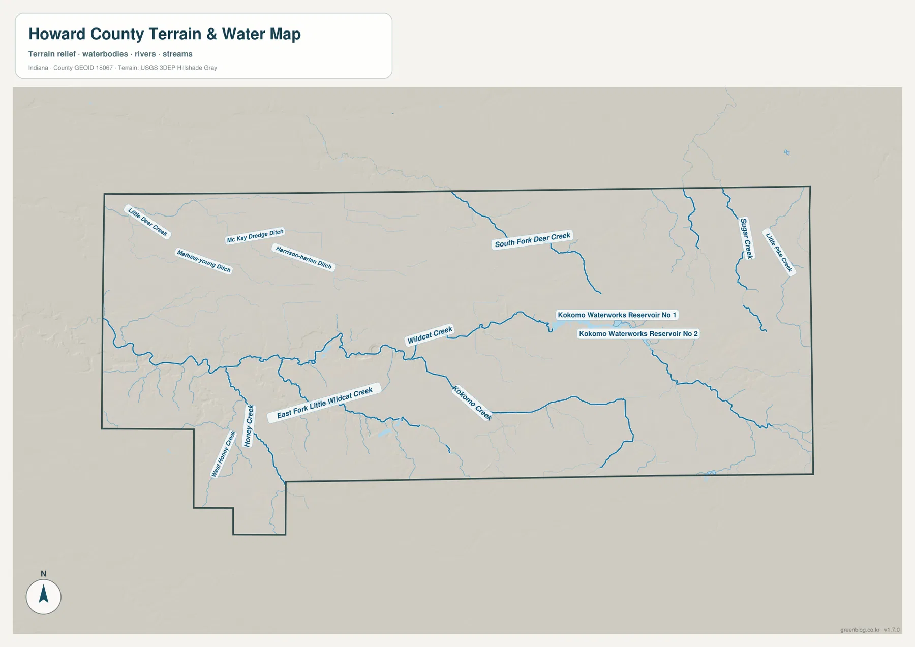 Howard County terrain and water map showing Wildcat Creek, East Fork Little Wildcat Creek, South Fork Deer Creek, Sugar Creek, and Kokomo Waterworks reservoirs