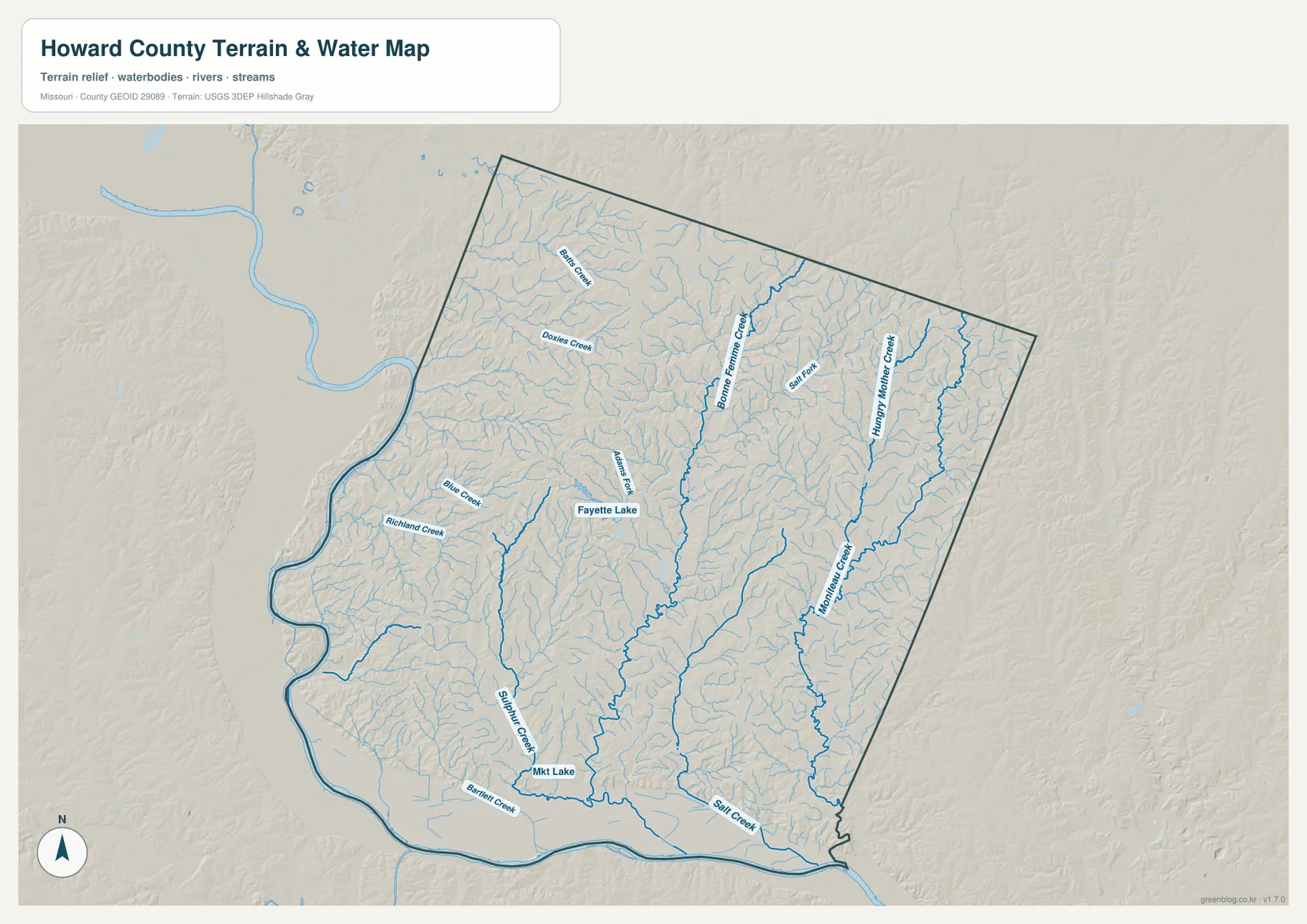 Howard County Bonne Femme Creek and Missouri River terrain map