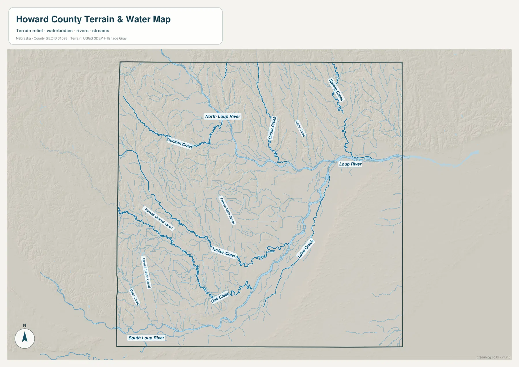 Howard County의 North Loup River, Loup River, South Loup River와 Council Creek, Turkey Creek, Oak Creek, Lake Creek을 표시한 수역 지형 지도