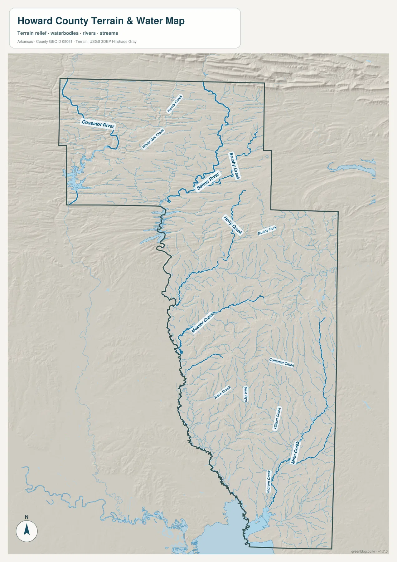 Howard County terrain and water map showing the Cossatot River, Saline River, Holly Creek, Messer Creek, Mine Creek and other streams