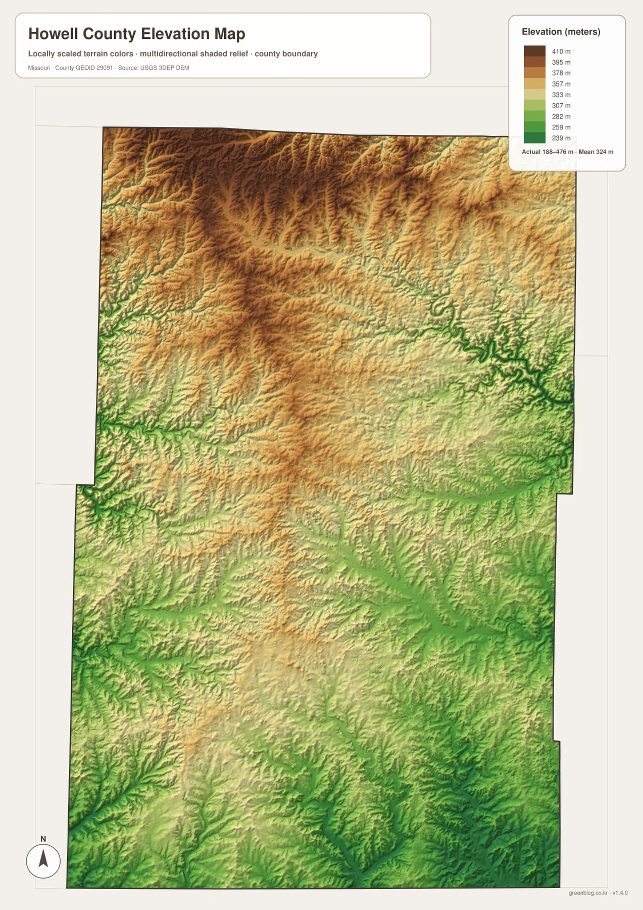 Howell County elevation map from 188 to 476 meters