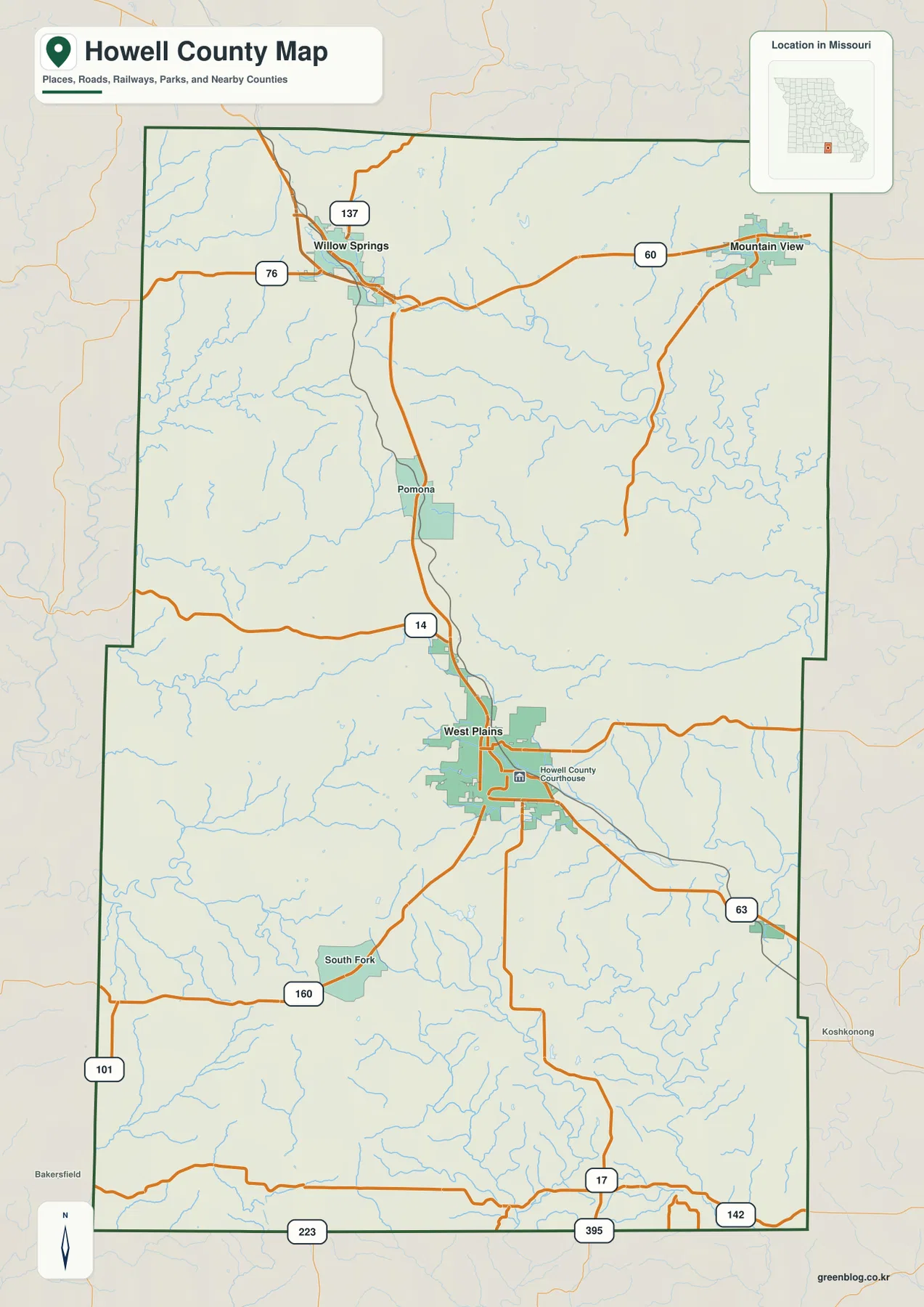 Howell County Missouri roads and West Plains map