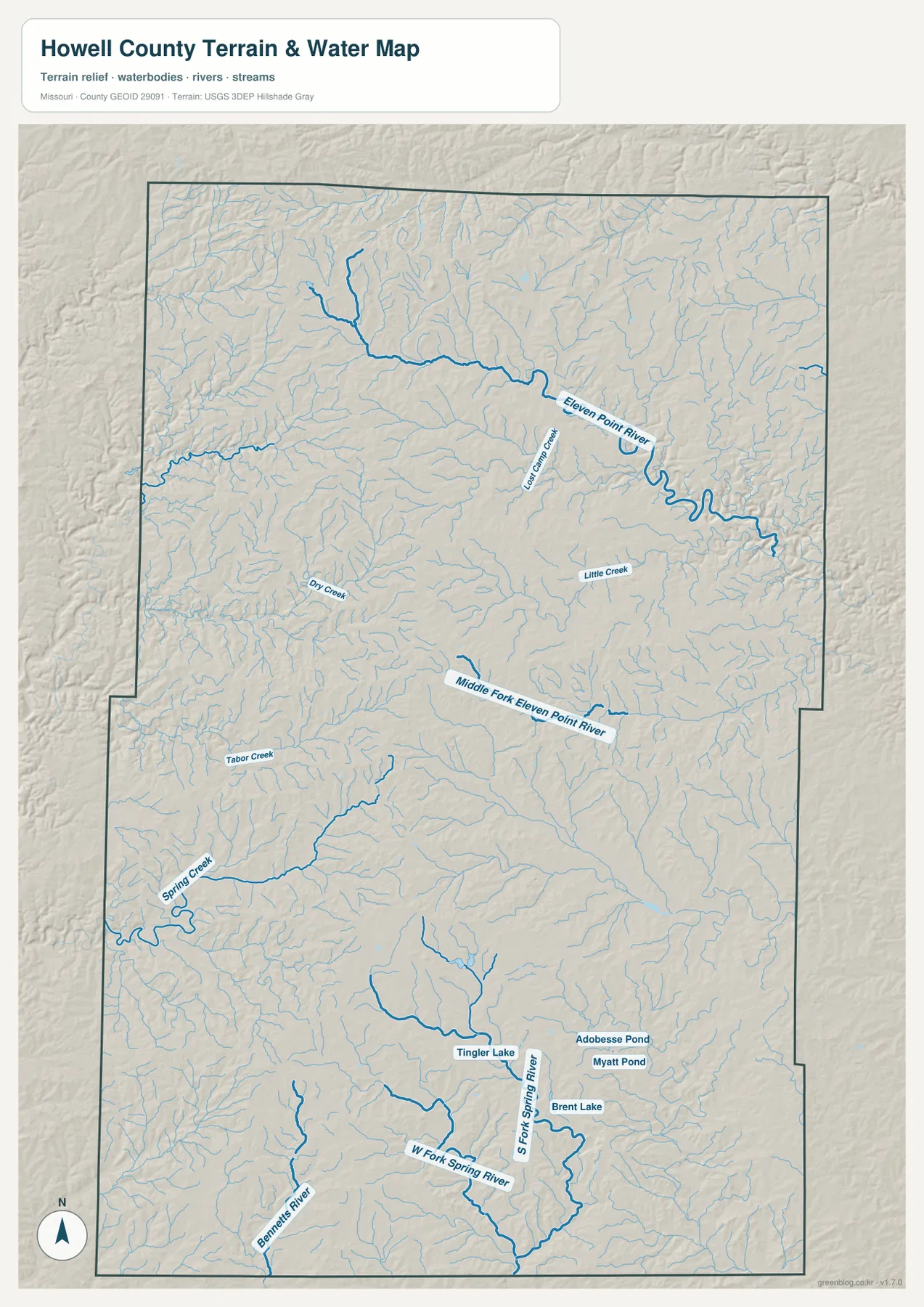 Howell County Eleven Point River and Spring River terrain map
