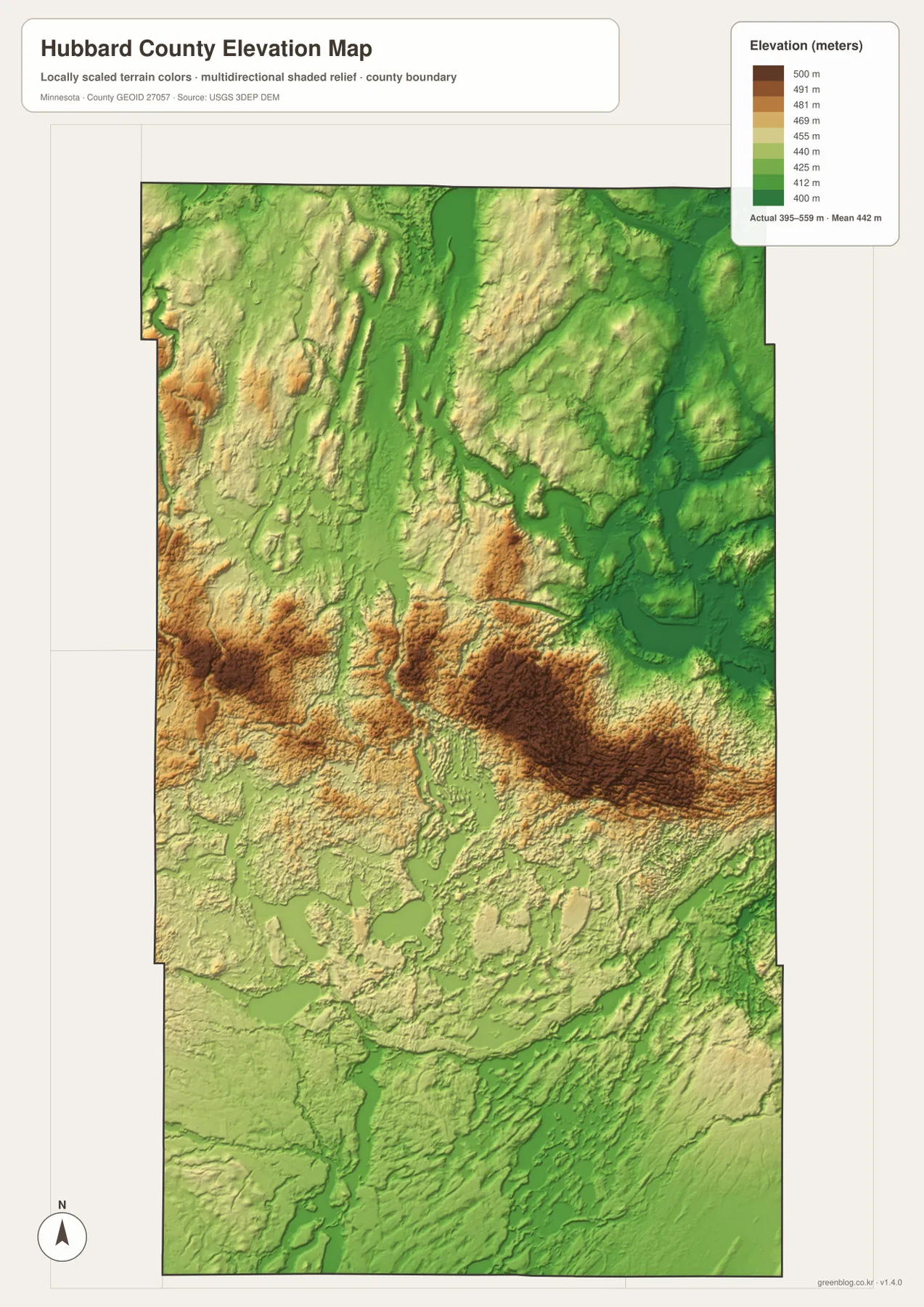 Hubbard County elevation map showing approximately 395 to 559 meters with higher central terrain