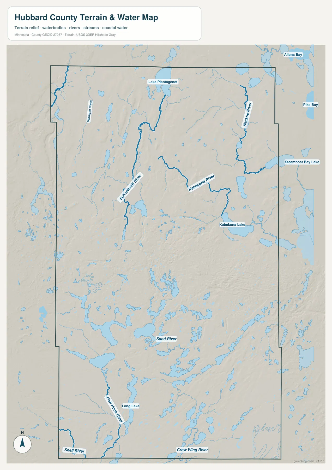 Hubbard County water map showing Schoolcraft River, Kabekona River, Necktie River, Lake Plantagenet, Kabekona Lake and southern waters
