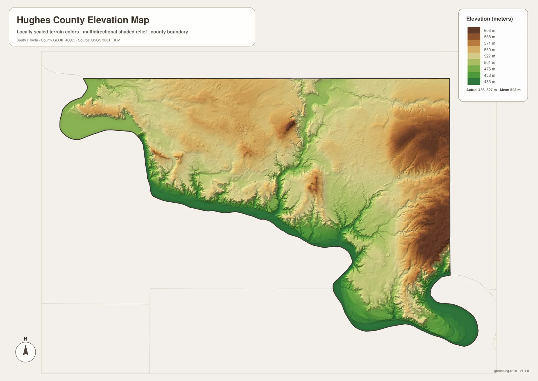 Hughes County 고도 지도에서 약 433~627m 범위와 Missouri River 저지대, 동부 고지대를 표시한 모습